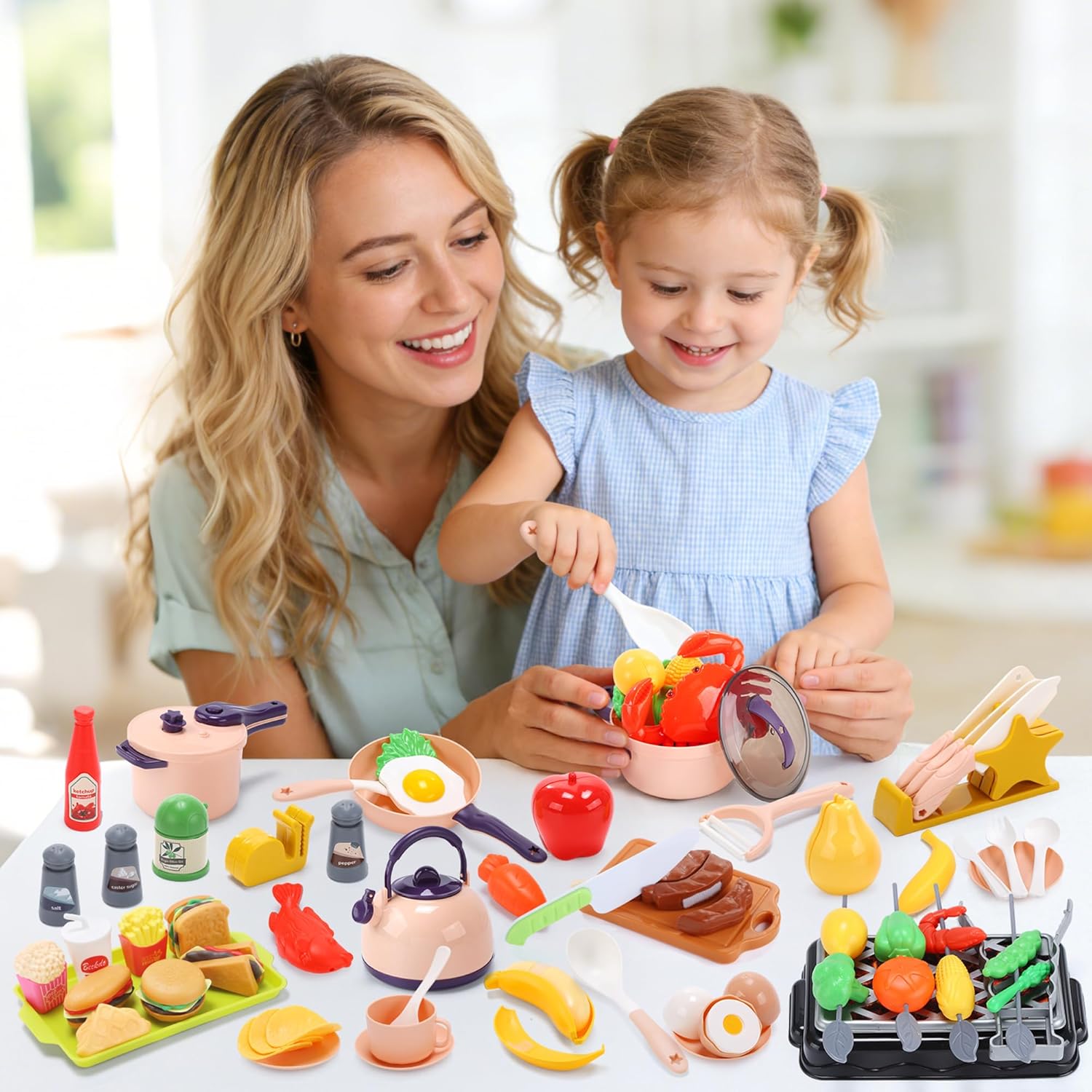 CUTE STONE Play Kitchen Accessories, Cooking Set for Kids with Cutting Play Food & Pretend BBQ, Kids Kitchen Playset with Toy Pots & Pans, Toy Kitchen Sets Learning Gift for Toddlers Girls Boys