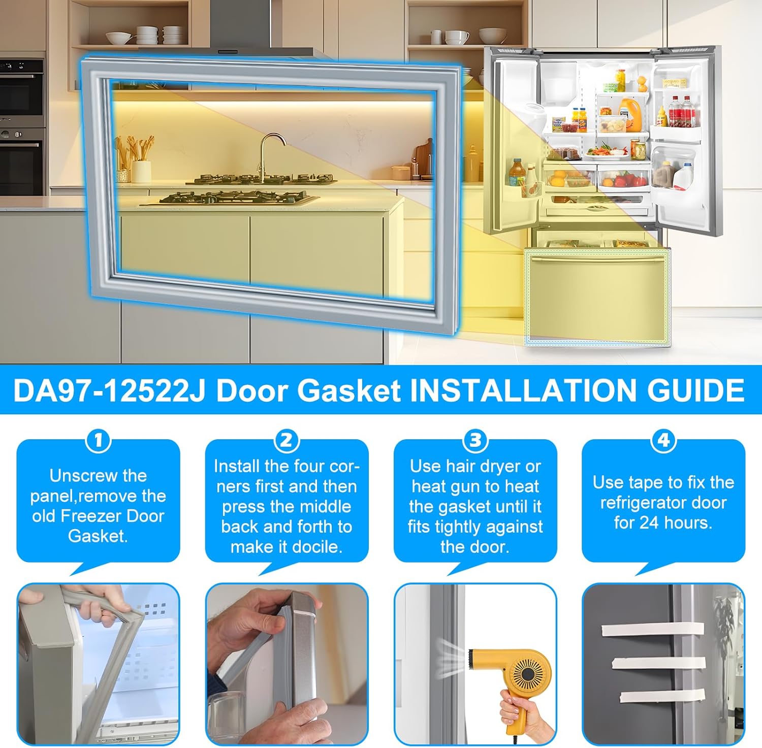 Upgraded DA97-12522J Refrigerator Freezer Door Gasket Assembly Compatible with Samsung Refrigerator Door Gasket Replacement Gray 34.84"x23.82" Durable Refrigerator Door Seal 3973455 AP5623489 Gasket