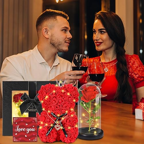 Miniatura 5 de POMINEL Regalos para el día de San Valentín, caja de regalo de oso de rosas, rosa eterna en cúpula de cristal con collar ligero para el día de San
