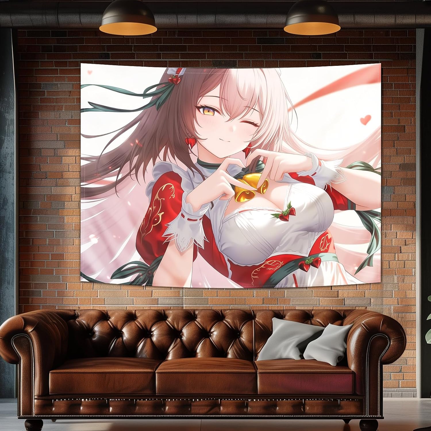 Magical Fantasy Sexy Heart Gesture Anime Tapestry, Winking 2026 Christmas Waifu Wall Hanging, Japanese Fantasy Goddess Poster For Game Room, Battle Station Backdrop, BedRoom Decor, 150x100cm 60"x40" image 5