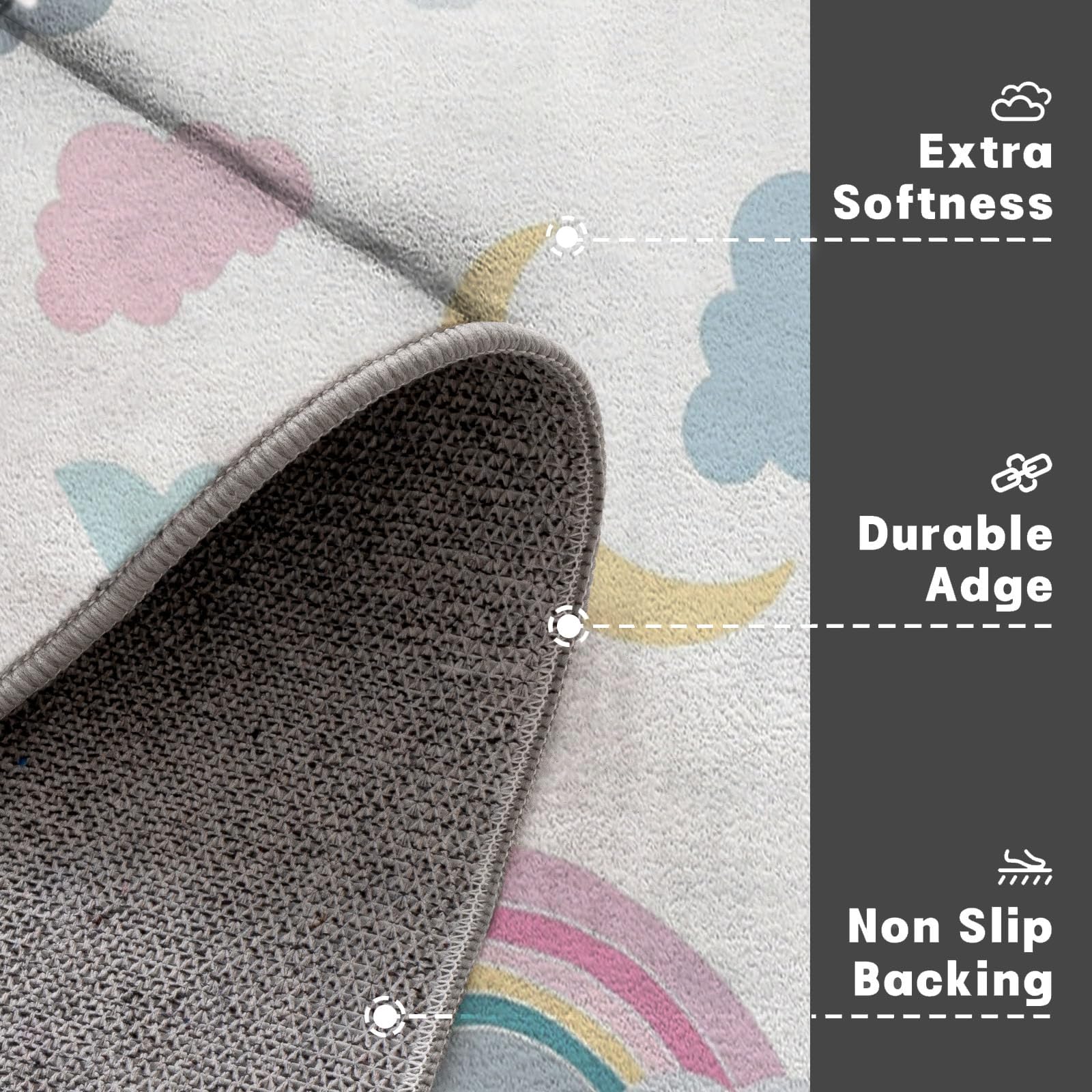 Tapis Rond 150cm Lavable en Machine - Style Dessin Animé Doux Confortable Antidérapant Nuages Lune Étoiles Imprimé Rose Tapis, pour Chambrel Mangerded Nurserie Decoration