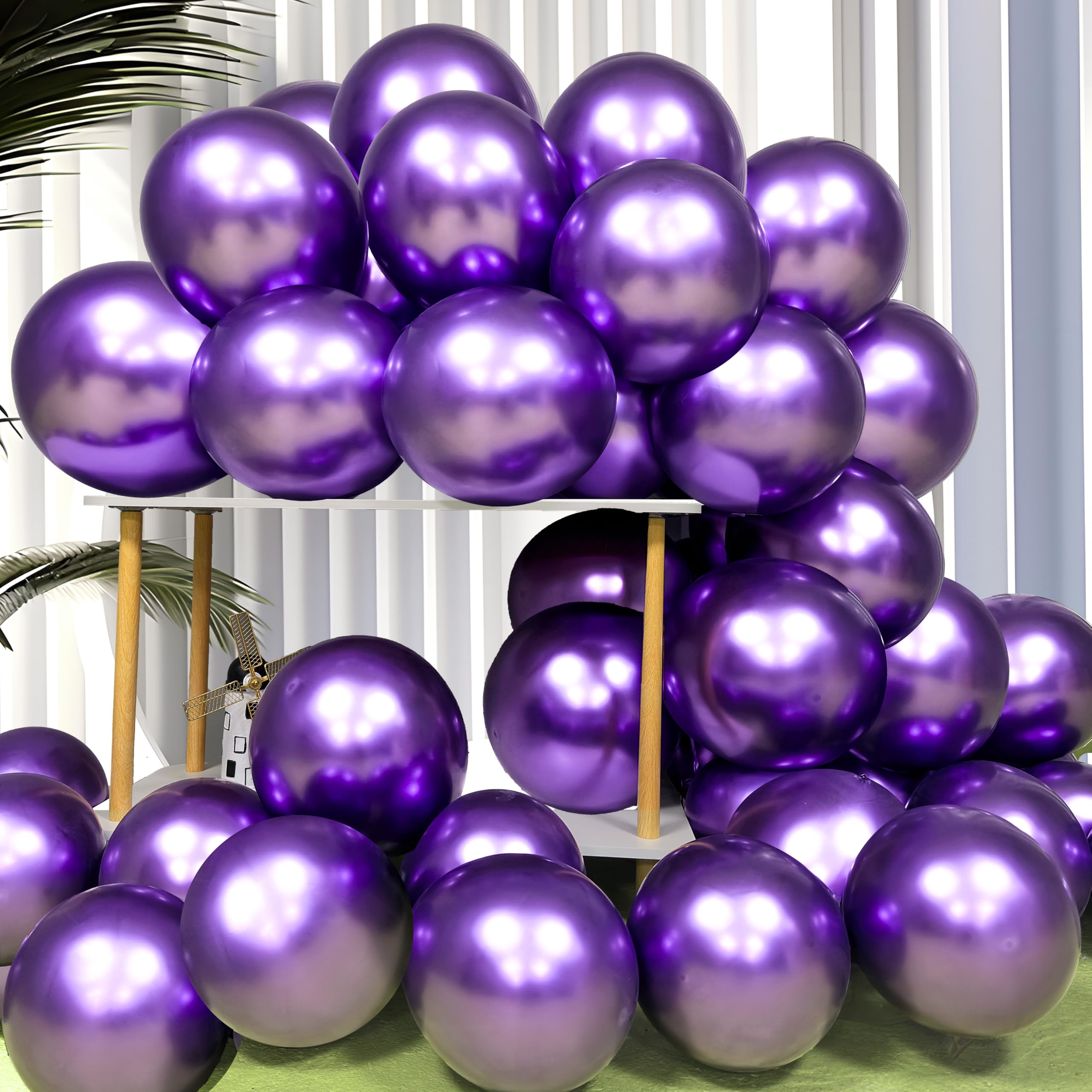 Firomi Metallic Chrome Purple Balloons 12-inch 100 Pack (with 3 Ribbons)