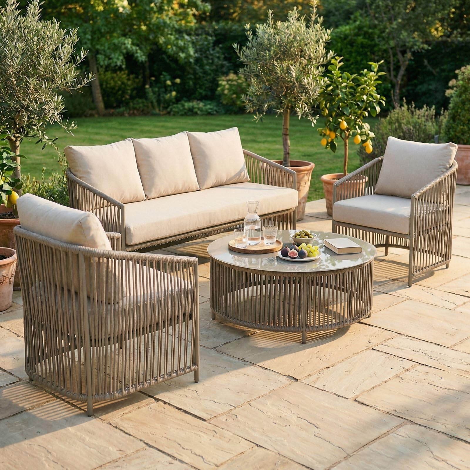 IDIMEX Outdoor Sofa Set KULO 4-teilig, Champagne – Lounge-Set aus Aluminium mit Rope-Bespannung, Couchtisch mit Glasplatte, inklusive 5 bequemer Kissen, wetterfest für Balkon Terrasse Garten