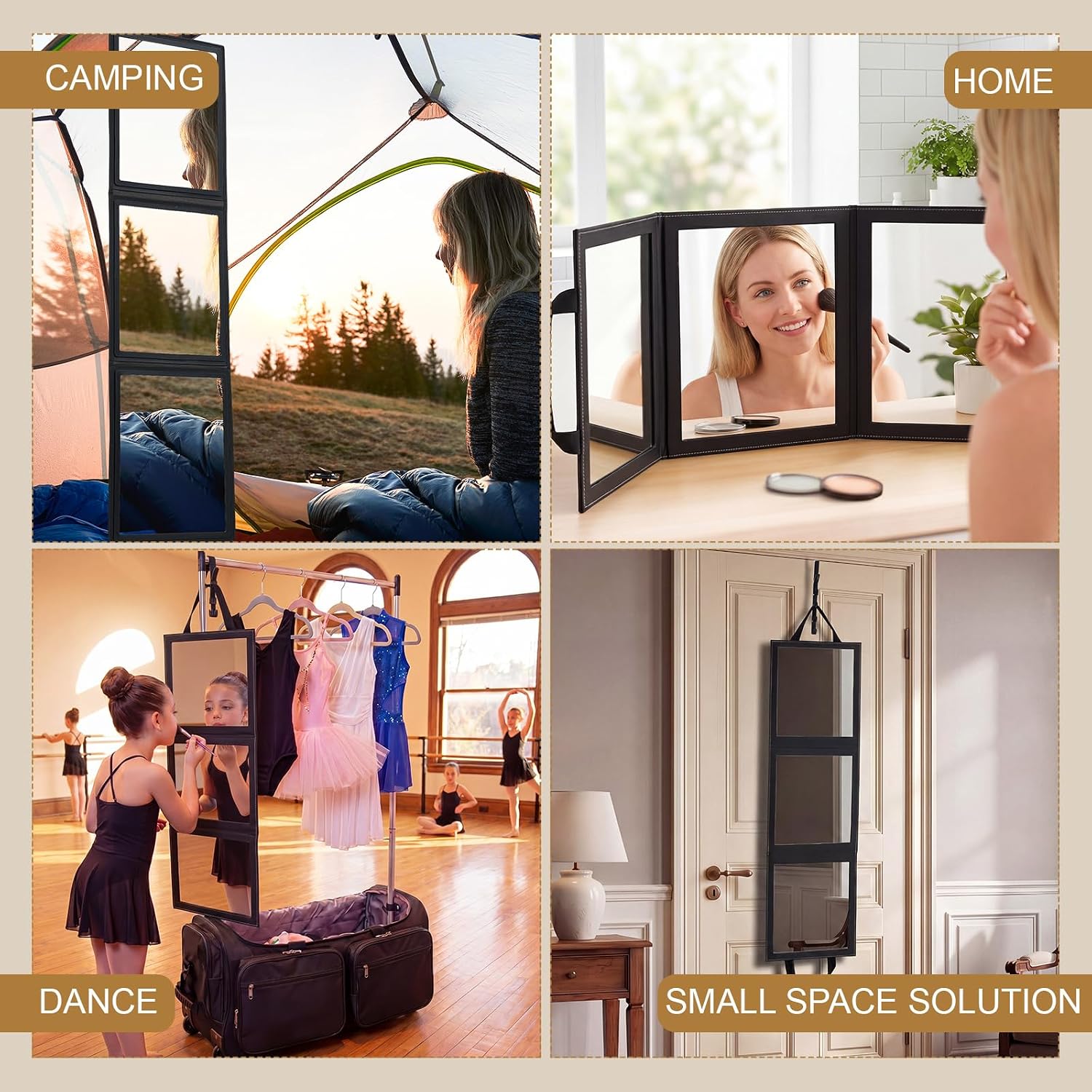Novabright Over The Door Full Length Mirror, Foldable Hanging 3-Panel Acrylic Body/Makeup Mirror with Height Adjustable Hook for Bedroom Closet Bathroom, Dance Travel Camping