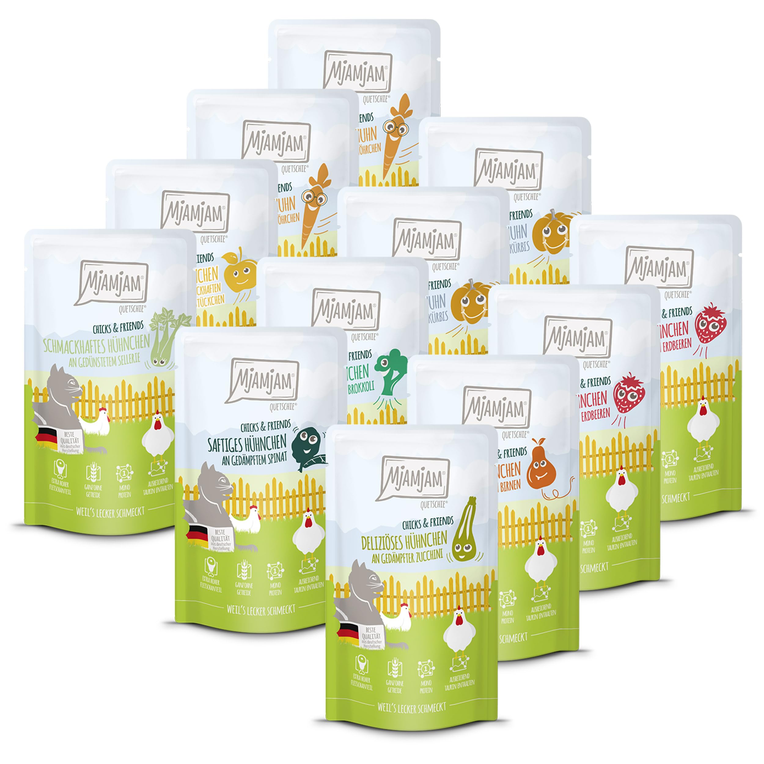 MjAMjAM - Premium Nassfutter für Katzen - Chicks & Friends Box, 12er Pack (12 x 125g), getreidefrei mit extra Fleisch