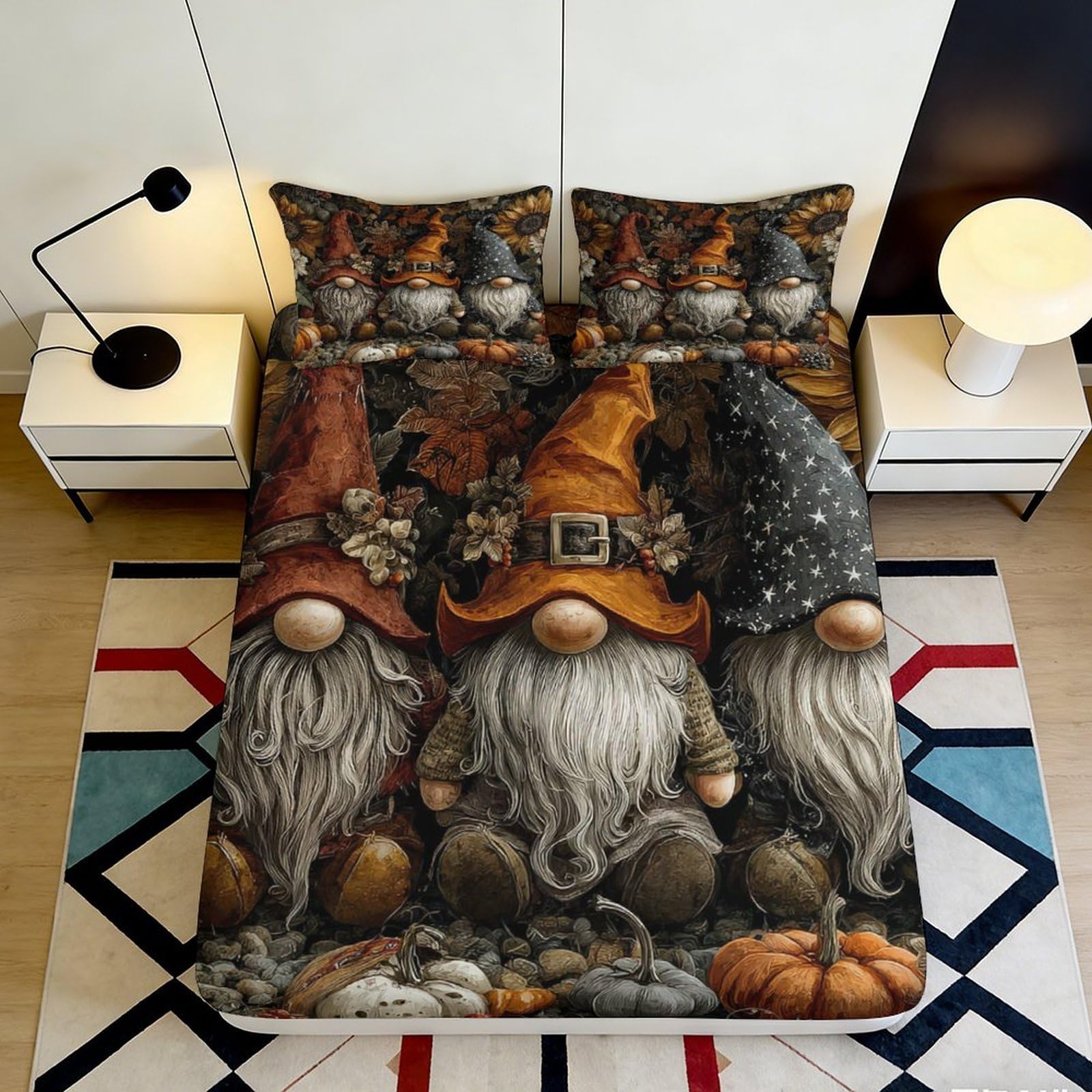 3D Printed Autumn Gnome Fitted Sheet Microfiber Soft Pumpkin Forest Bed Sheet for Bedroom Guest Room Decor 90x200x25cm