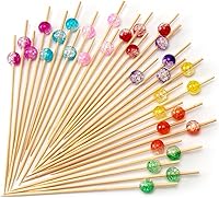 Vista 15 de Minisland Palillos de cóctel rosa fucsia perla, palillos de bambú elegantes de 4.7 pulgadas de largo para aperitivos, pinchos decorativos