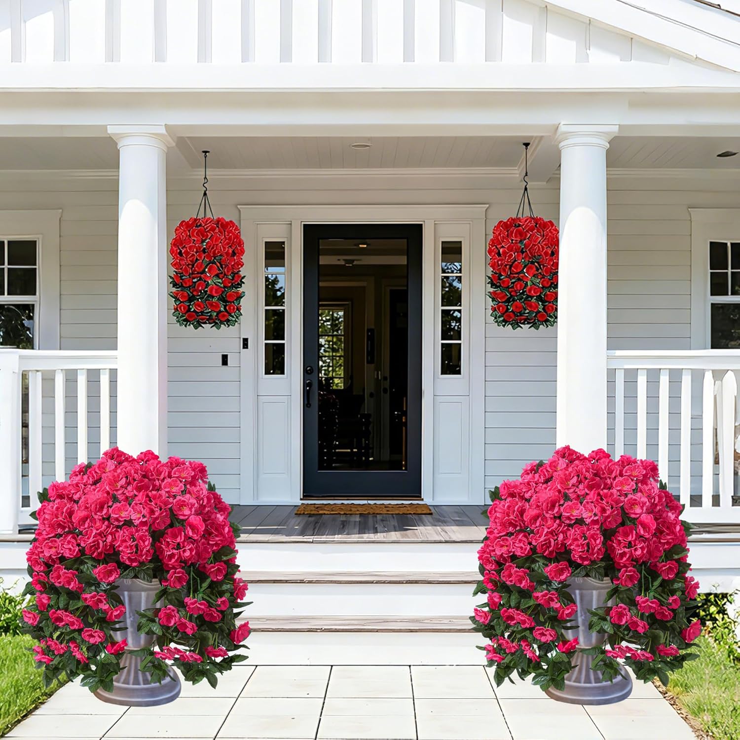 Faux Geraniums Artificial Flowers for Outdoors Spring Porch Outside Decor, 2PCS Hotpink Silk Geraniums Vines Fake Hanging Plants UV Resistant Look Real for Outdoor Planters Patio Garden Balcony Home