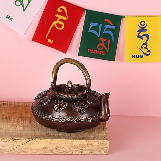 NIM Brass Style Antique Finish Tea, Coffee Serving Pot, Spill Proof Pouring, Medium Size with 8 Auspicious Sign Highlighted on Top of it