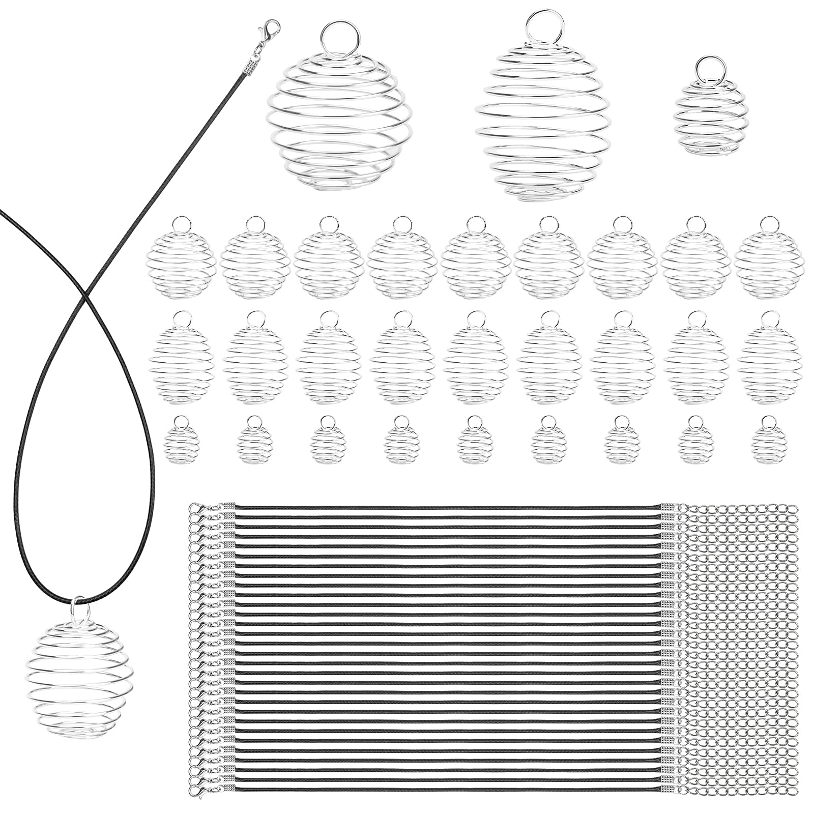 CrazyPiercingCrazyPiercing 30Pcs 3 Size Spiral Bead Cage Pendant Silver Plated Stone Holder Necklace Cage for DIY Jewelry Making with 30Pcs 18 Inch Adjustable Wax Cotton Necklace Cord (Black)