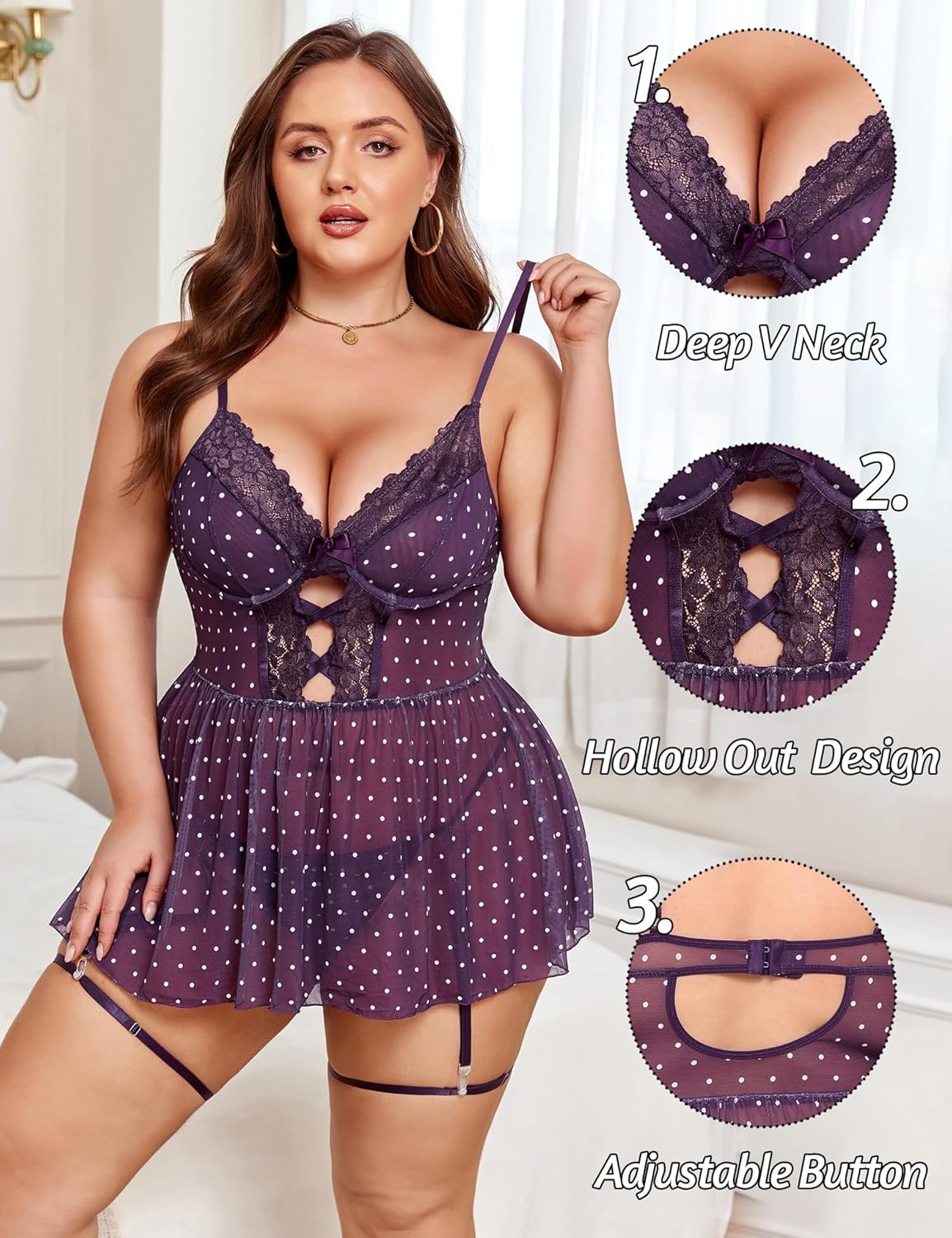 Plus Size Lingeire for Women Mesh Babydoll Dress with Gater Belt Lace Nightgown Chemise - Image 2