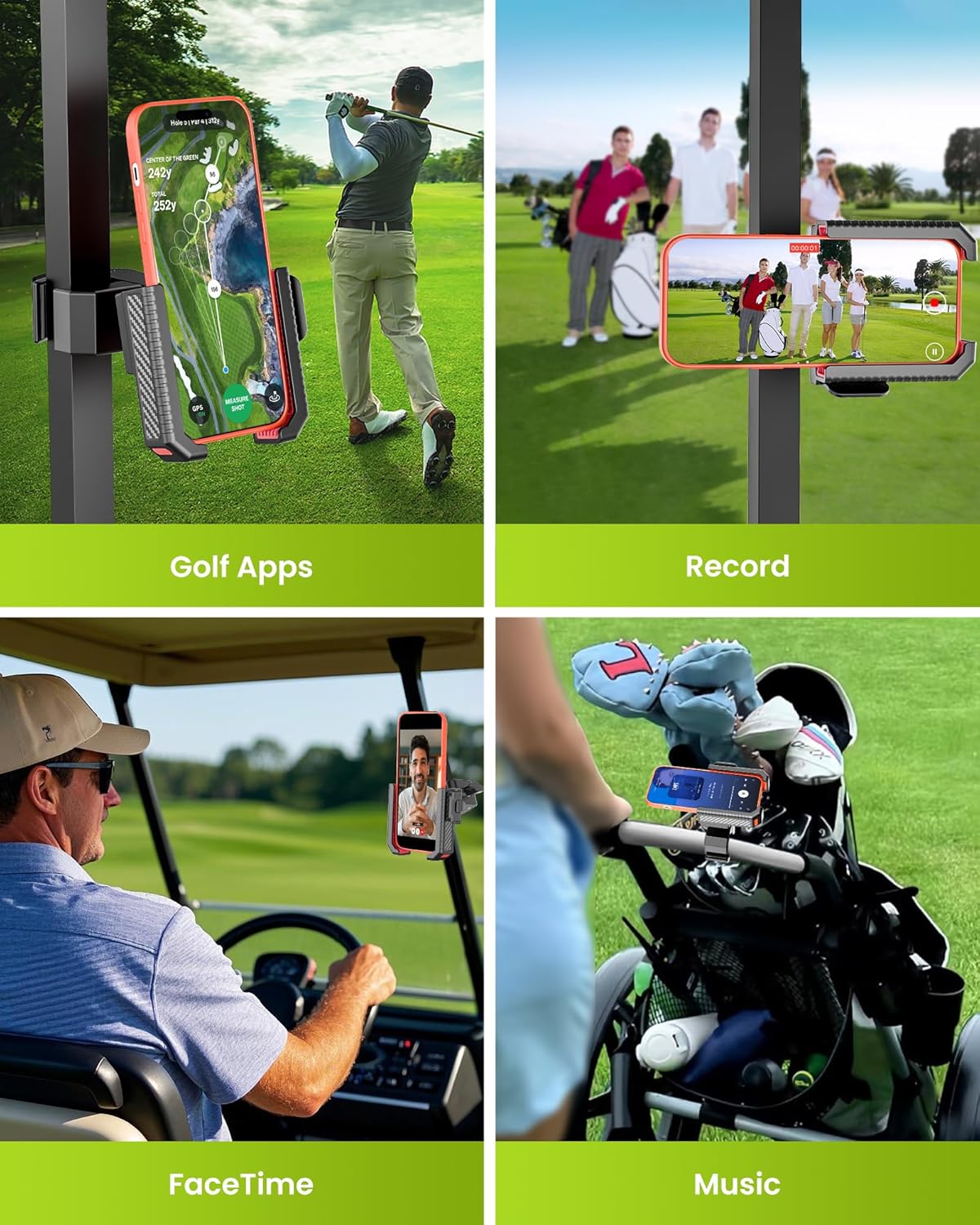 Golf Cart Phone Holder Mount - 3s Phone Clip Install, 1s Lock & Release，Phone Caddy for iPhone Galaxy & More Fits Yamaha Club Car EZGO Icon, Golf Cart Accessories Essentials Gift for Men Women