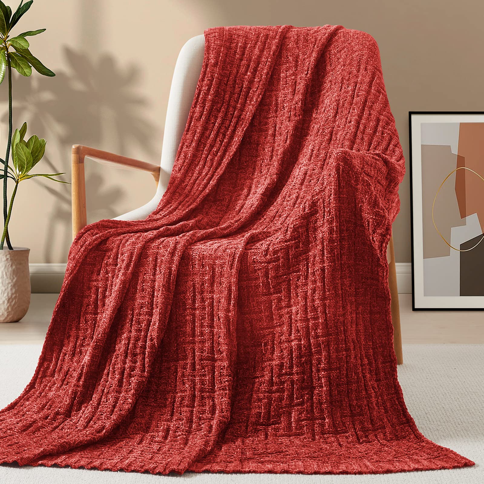 RUDONG M Rust Chenille Knit Throw Blanket, Cozy Soft Cable Knitted Blankets, Warm Chenille Knitted Blanket for All Seasons, Textured Fluffy Throw Blanket for Couch, Bed, Sofa, 50"x 60"