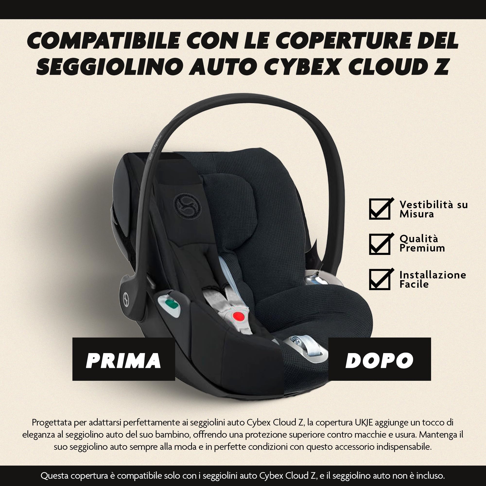 Ukje - Cybex Cloud Z Sommerbezug - Perfekte Passform - Handgefertigt in Europa - Dickes atmungsaktives Baumwollgewebe - Sommerbezug Cybex - Reduziert das Schwitzen und hygienisch… (Schwarz Waffel)