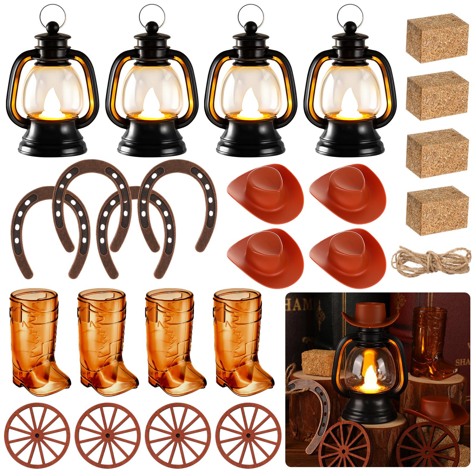 24 decorazioni per feste a tema cowboy, centrotavola per feste a tema cowboy, mini cappello da cowboy, lanterna, ferro di cavallo, ruota di carro, balle di fieno, per matrimoni occidentali, compleanni