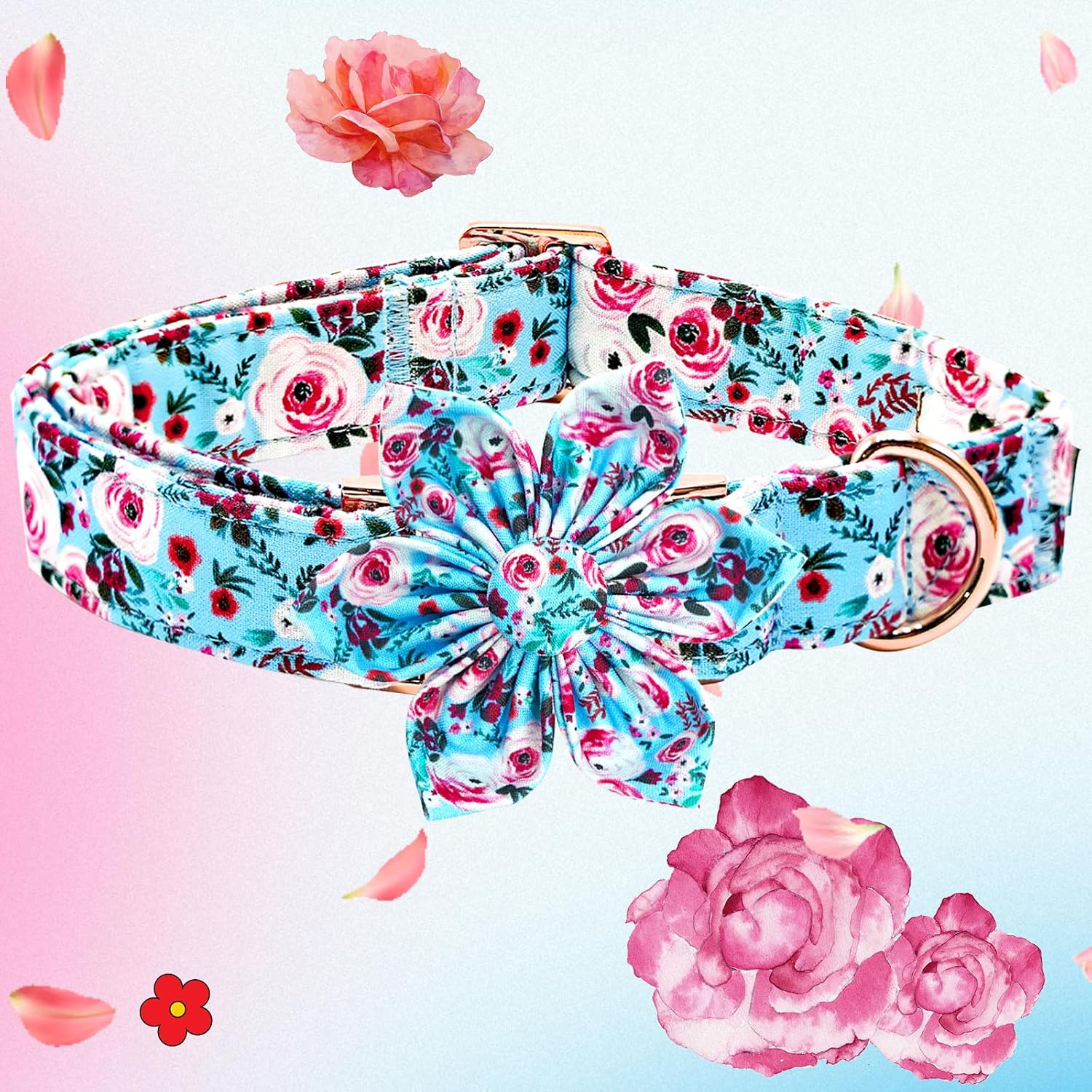 Elegant little tail Dog Collar with Flower, Pink Rose Print Pet Collar Flower Pet Collars Summer Cute Adjustable Dog Collars for X-Small Dogs image 3