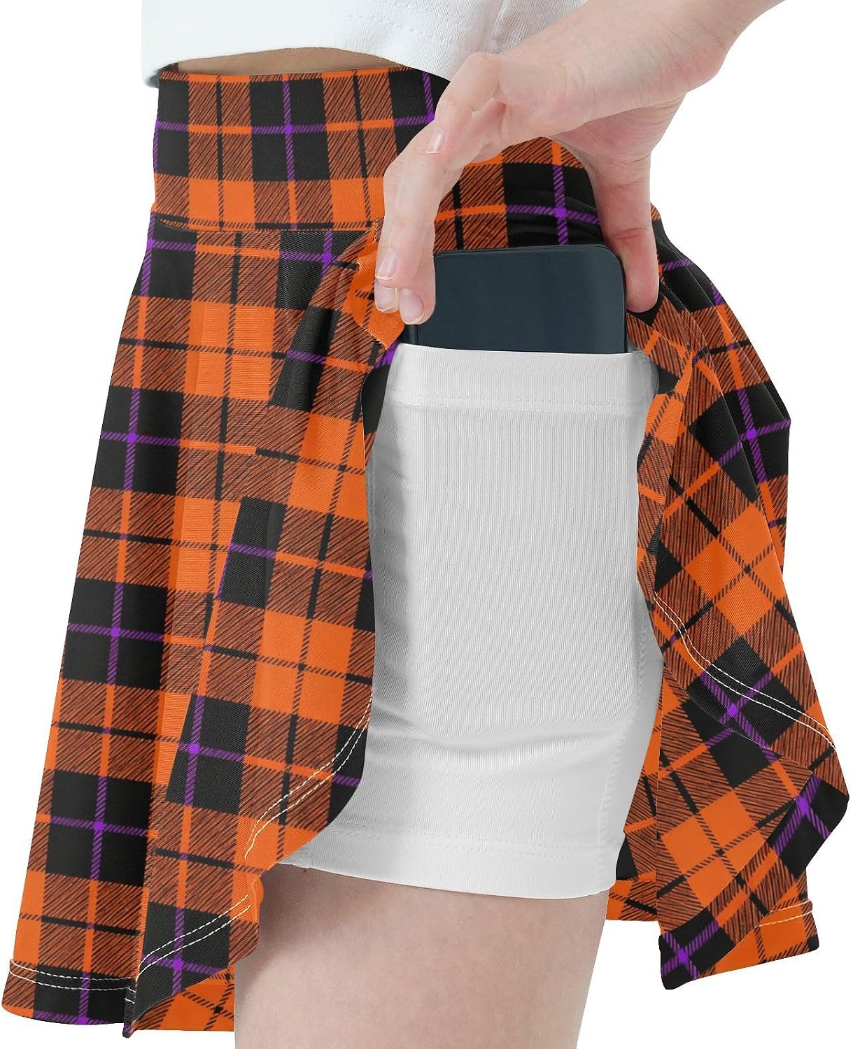 visesunny Orange Plaid Halloween Girl's Golf Skirt Athletic Tennis Skort Sport Activewear with Double Layer Pockets