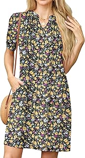 GRECERELLE Womens Dresses Summer Casual Short Sleeve V Neck Shift Dress for Women Ladies T Shirt Dress with Pockets