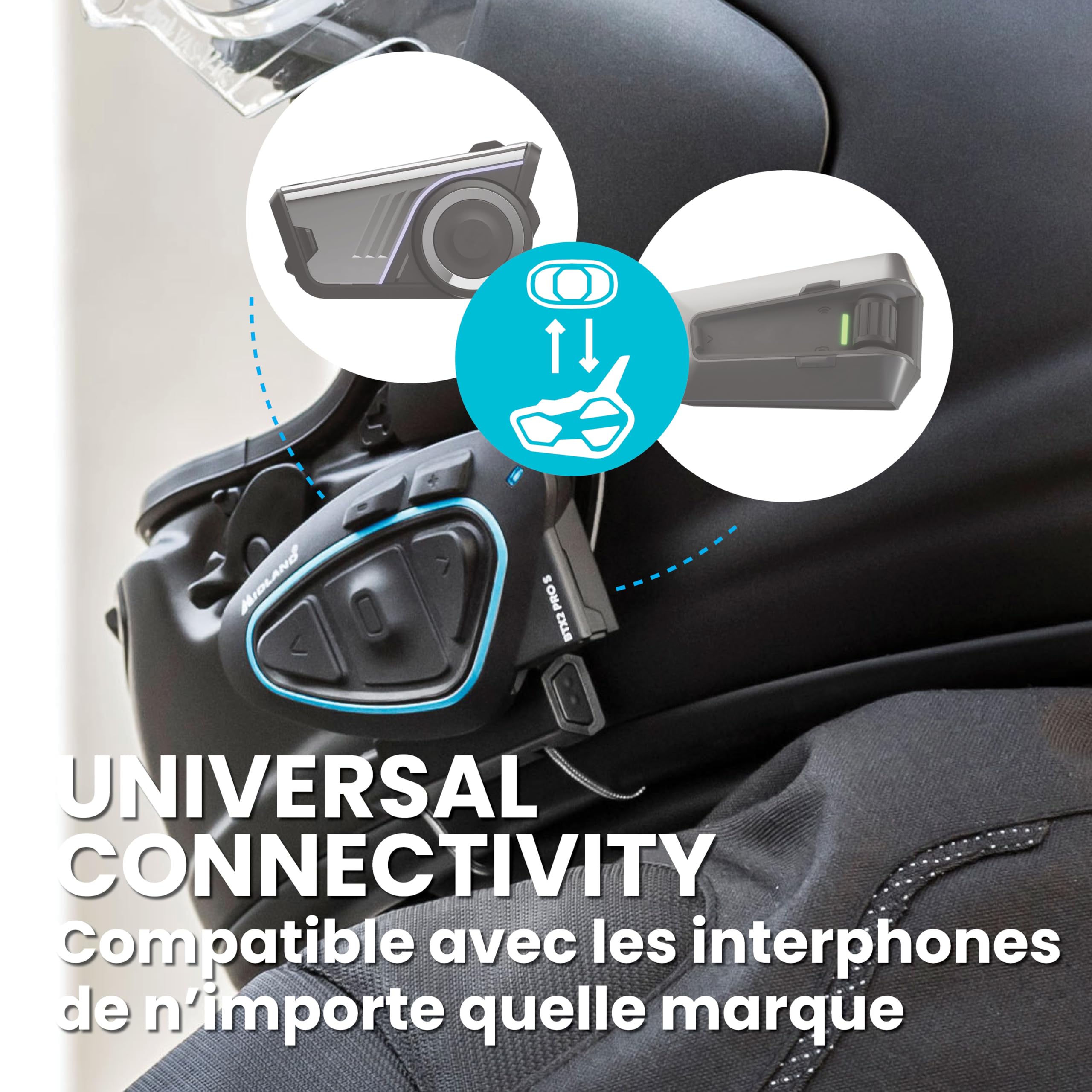 Midland - Intercom Moto BTX2 Pro S Solo Individuel Universal, Écouteurs Bluetooth sans Fil Casque Moto Étanche IPX6 avec Double Processeur BT, 800 m, 4 Couple, Batterie 23H, Anti Bruit et Audio Hi-FI