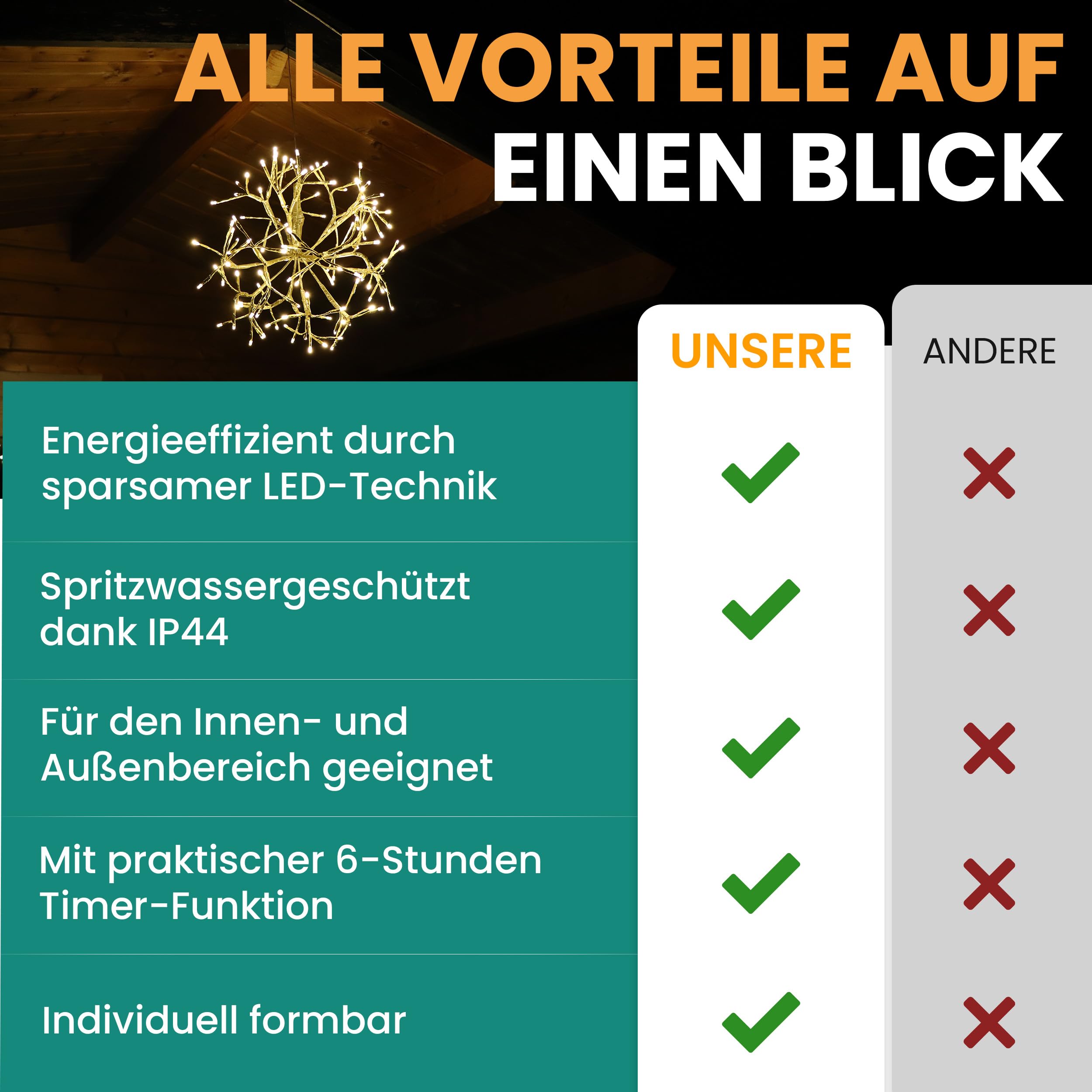 Gartenpirat LED Goldstern Ø 45 cm warmweiß beleuchtet 120 LED mit Timer-Funktion hängende Weihnachtsdeko mit Befestigung für Innen & Außen
