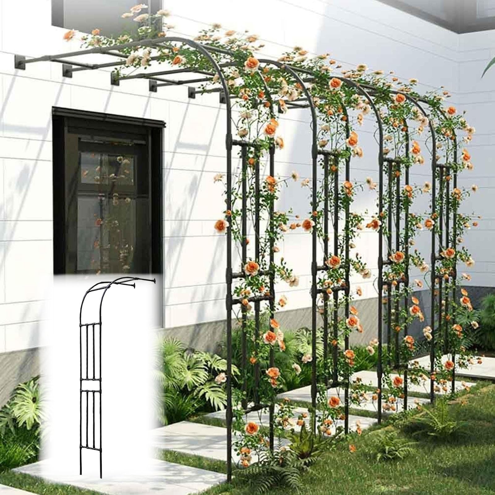 Gaommini Black Metal Half Side Garden Arch, Wall Mounted Rose Arch Trellis, Wedding Archway Decoration Heavy Duty Steel Pergola Trellis For Outdoor Climbing Plants(Size:180x240x40CM/5.9x7.9x1.3ft)