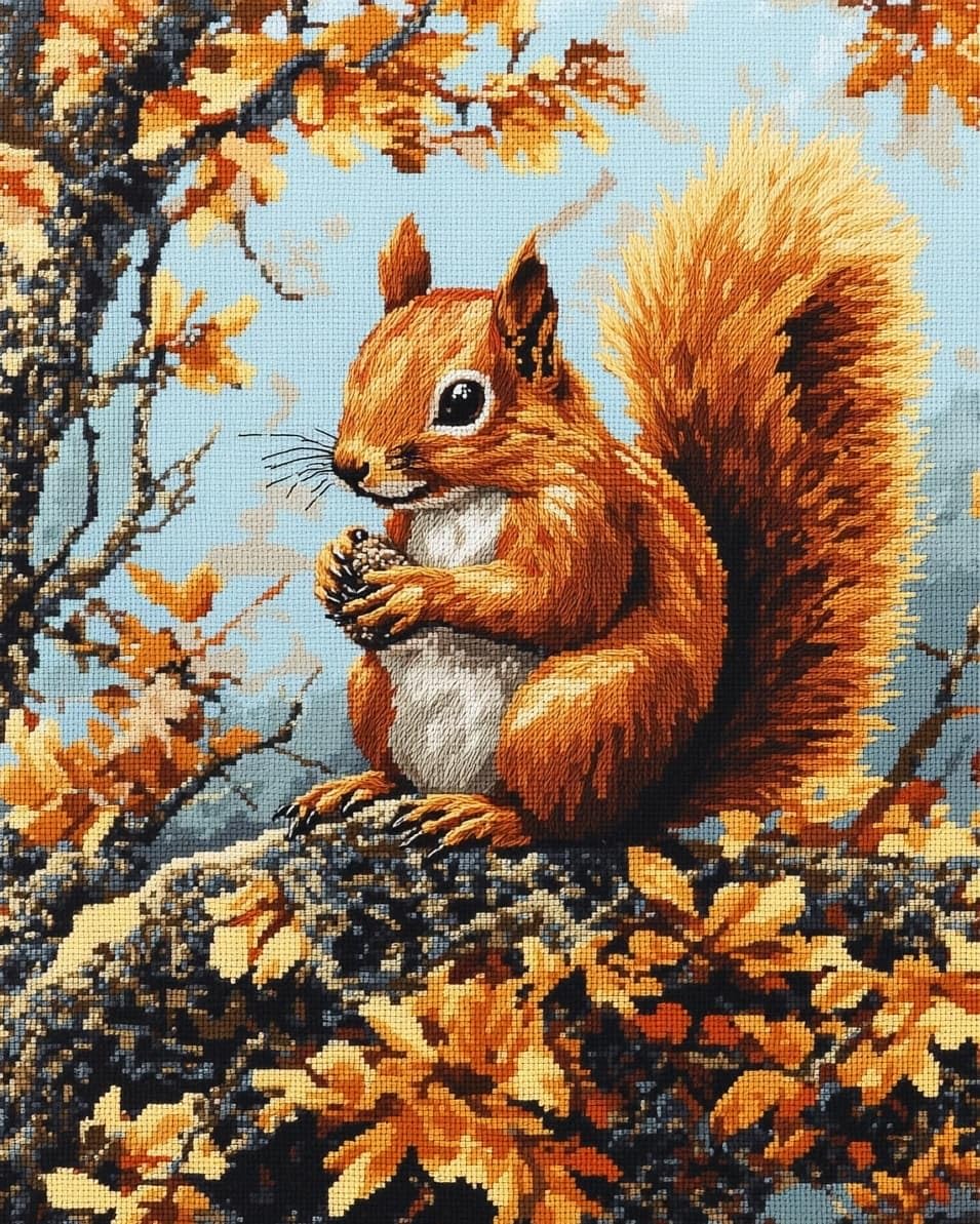 WallustrioaW Cross Stitch Kits for Adults,Cute Squirrel,11CT Counted Printed Cross Stitch,DIY Embroidery Kit for Home Wall Decor,16x20in