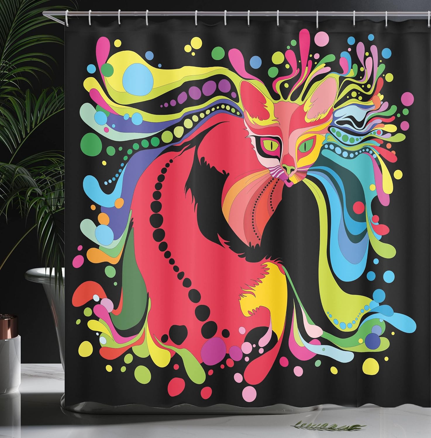 Ambesonne Psychedelic Shower Curtain, Futuristic Kitty Visual Print Fluid Swirling Color Burst Motifs Kitty Graphic, Cloth Fabric Bathroom Decor Set with Hooks, 69" W x 75" L, Black Multicolor