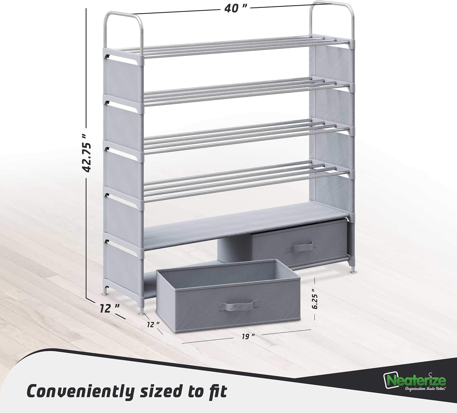 6 Tier Shoe Rack With 2 Storage Bins | Stackable, Metal, Closet Shoe Organizer | Shoe Shelf Cabinet | Organizador De Zapatos | Shoe Rack For Closets, Entryway, Living Room And Bedroom (Grey)