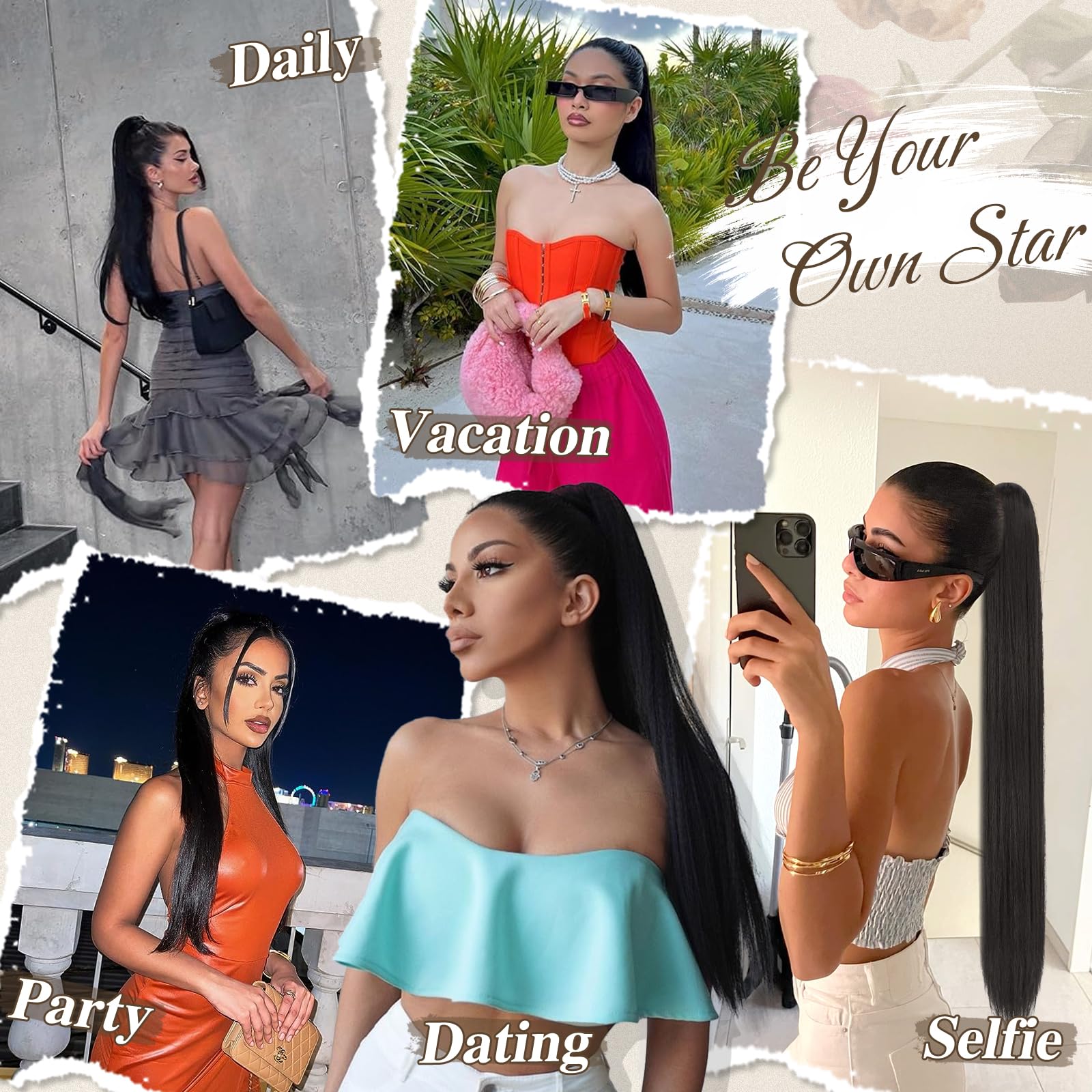 BARSDAR Coleta Postiza Pelo Largo Natural, 66cm Negro Largo Liso Cola de Caballo Extensiones Sintetico Extensiones de Pelo Coleta Clip in Ponytail Postizos para Mujer Fiesta Diaria - Negro azabache