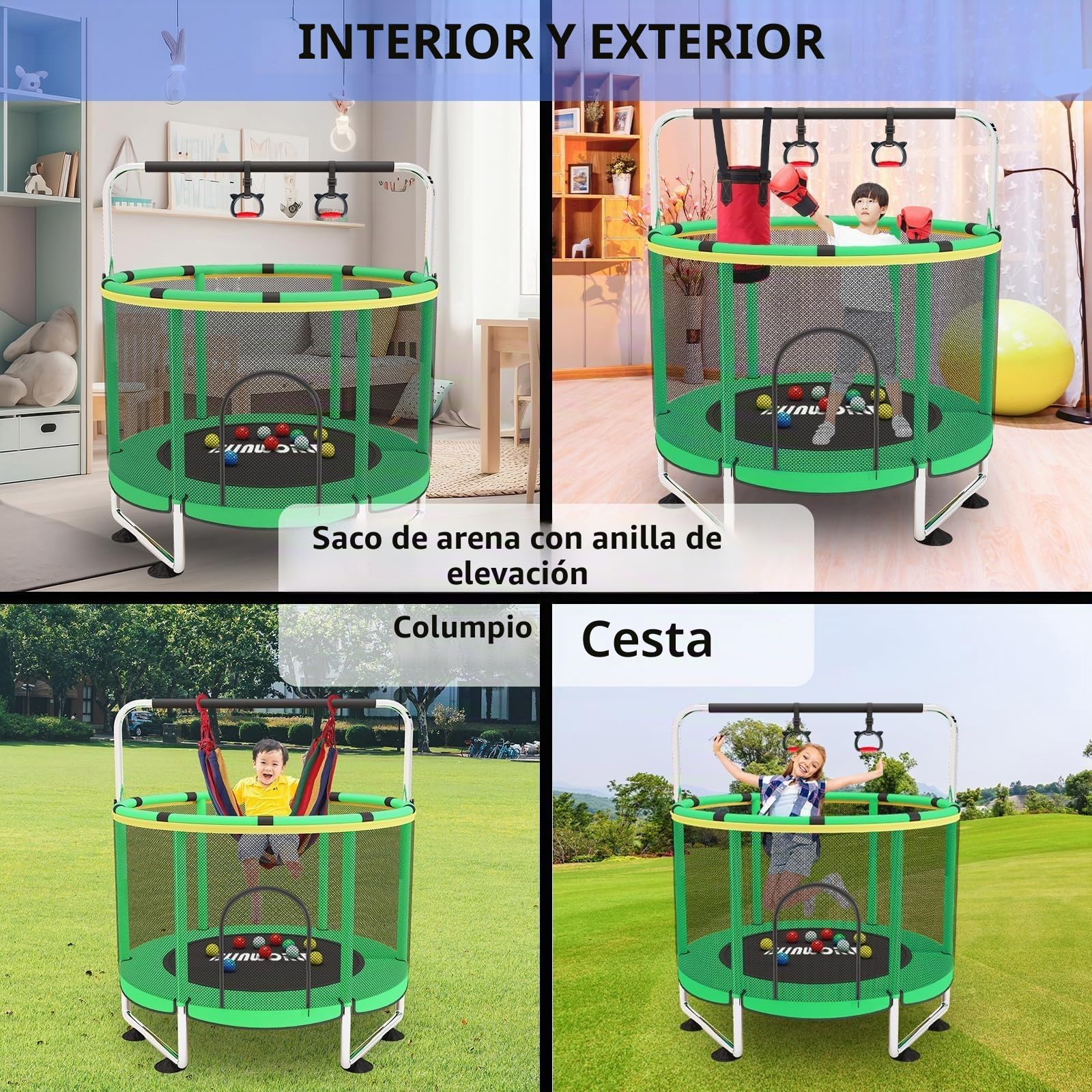Trampolín para niños, cama elástica ajustable para bebés con aro de baloncesto, 440 libras, para interiores y exteriores con recinto (verde)
