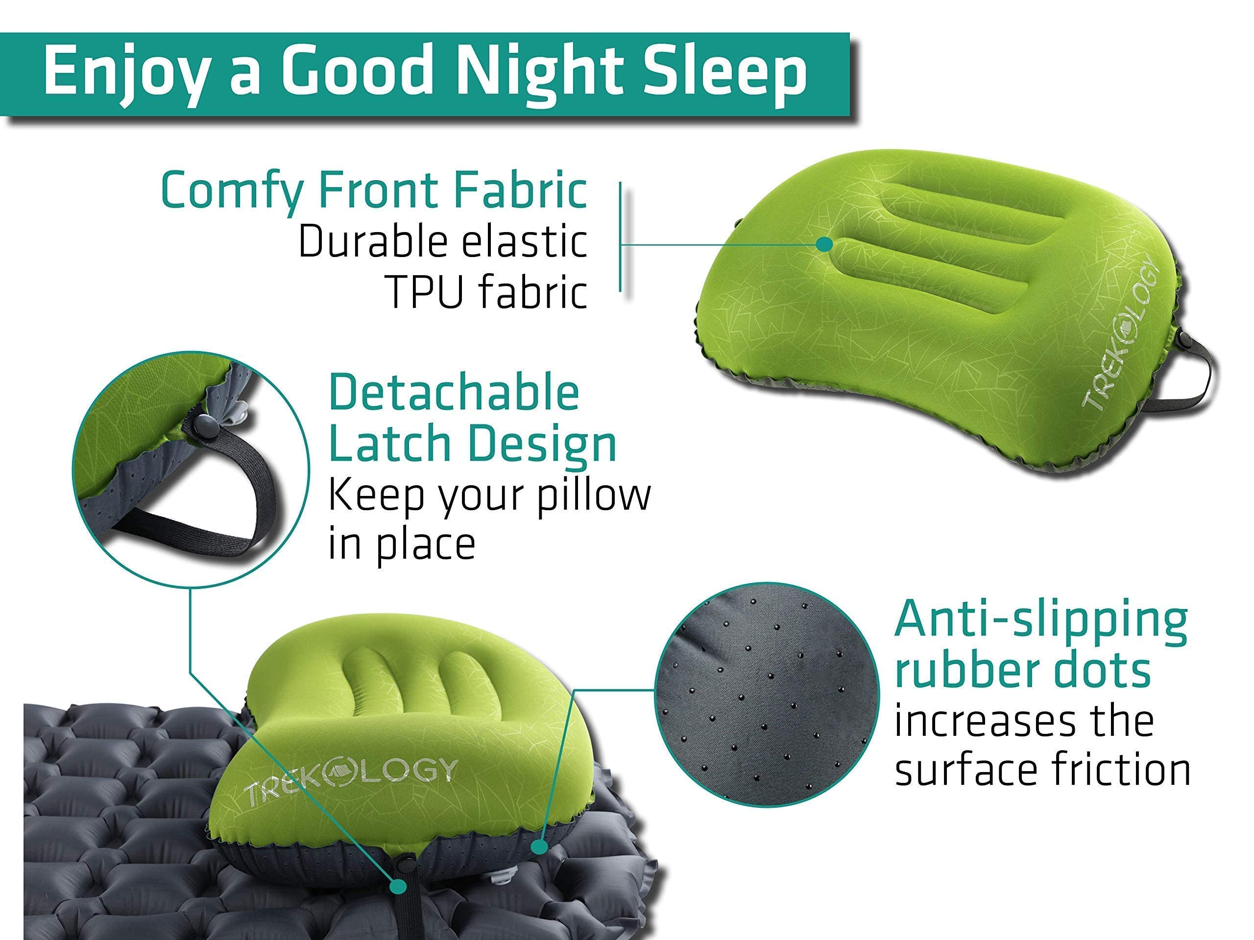 TREKOLOGY Camping Sleep Bundle - Colchoneta Inflable UL80 con Almohada Inflable Ultraligera ALUFT2 (Verde) - Colchón Ligero y Compacto para Mochilero y Almohada de Soporte y para Senderismo y Camping