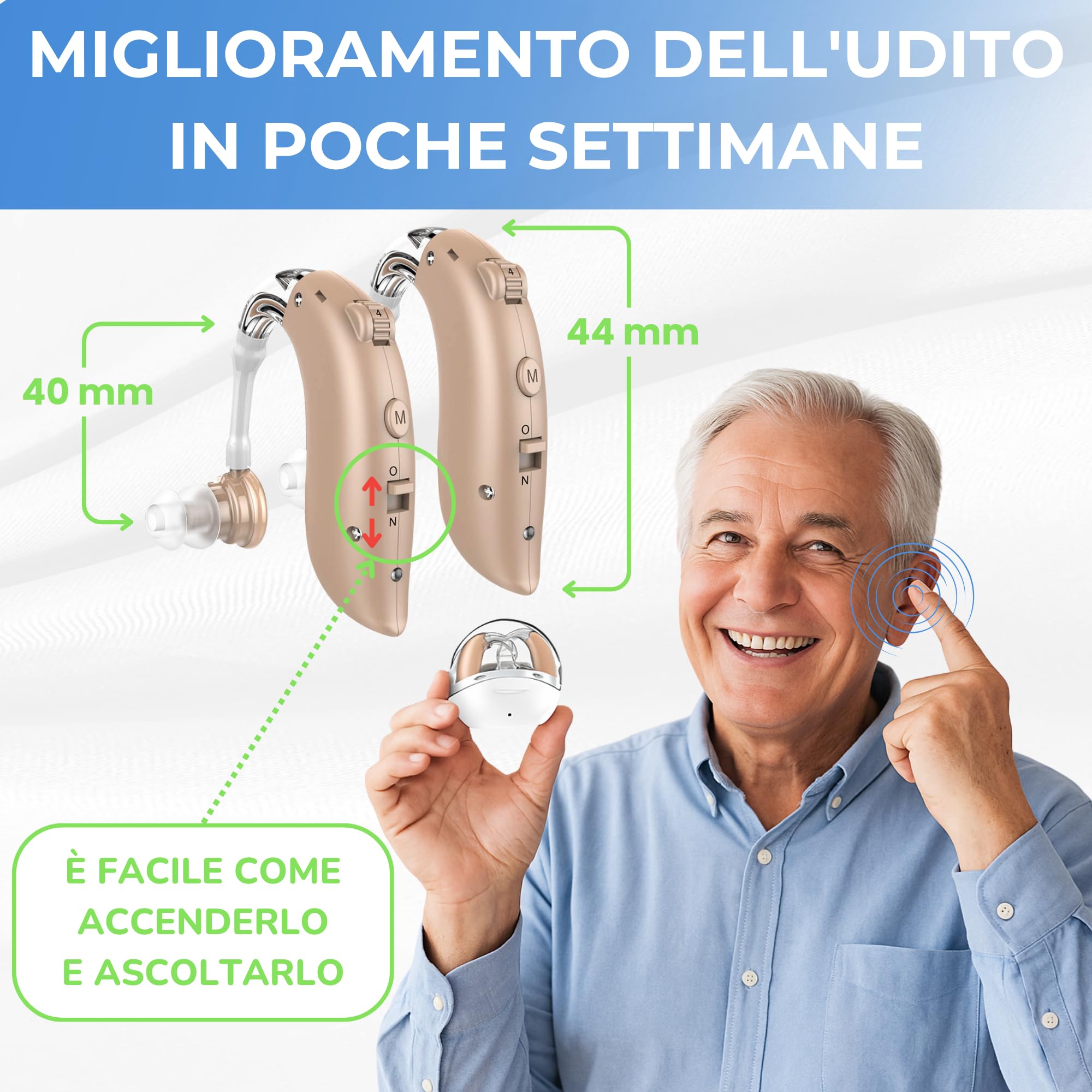 Dispositivi sonori ricaricabili, Amplificatore Suono Personale, Scatola di Ricarica Portatile, 2 Pezzi Intercambiabili Adatti a Entrambe le Orecchie, Istruzioni in Italiano, Utilizzo Prolungato 60 Ore