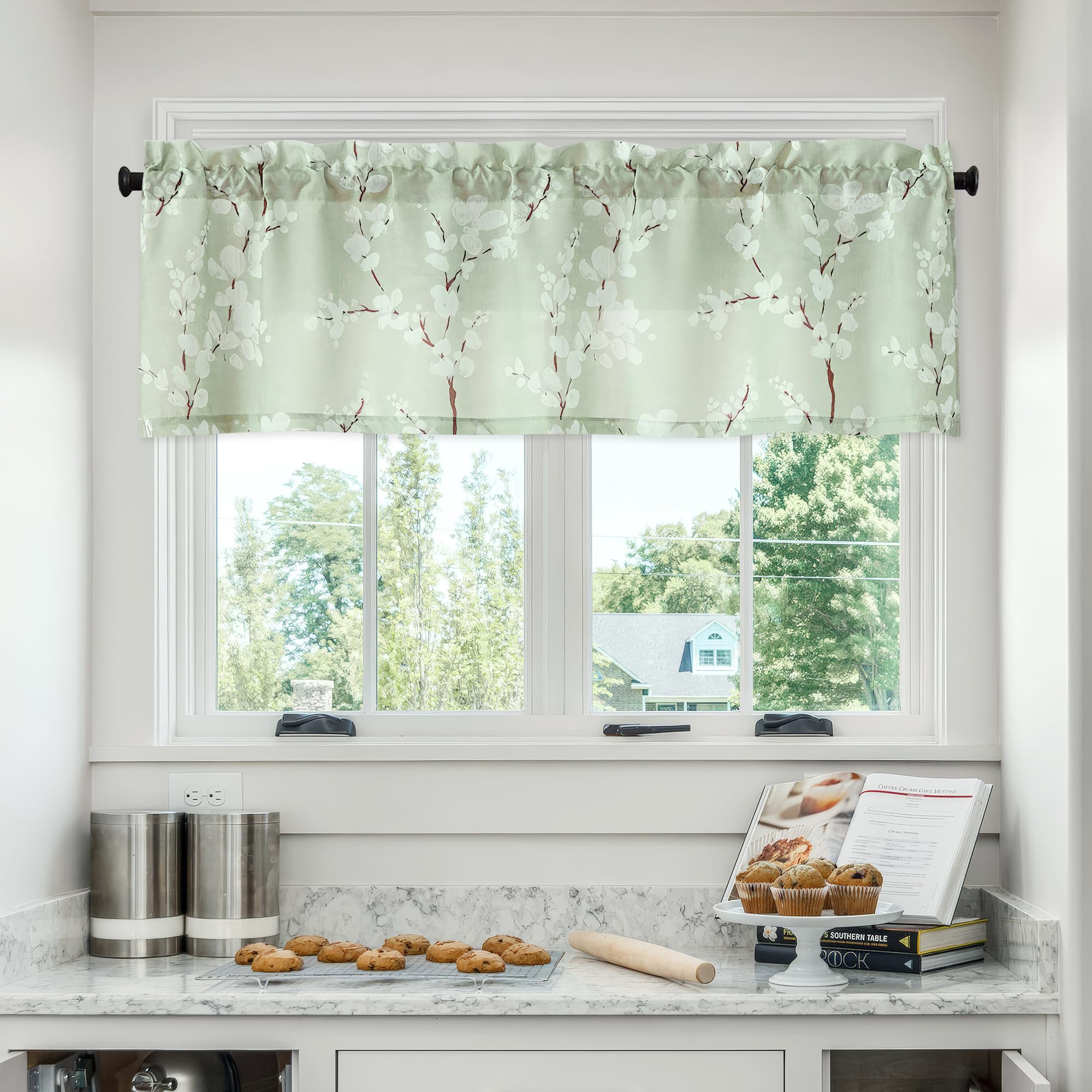 FMFUNCTEX Green Window Valance Curtains for Living Room White Floral Print on Canvas Kitchen Valance for Bathroom Basement Window Top Botanical