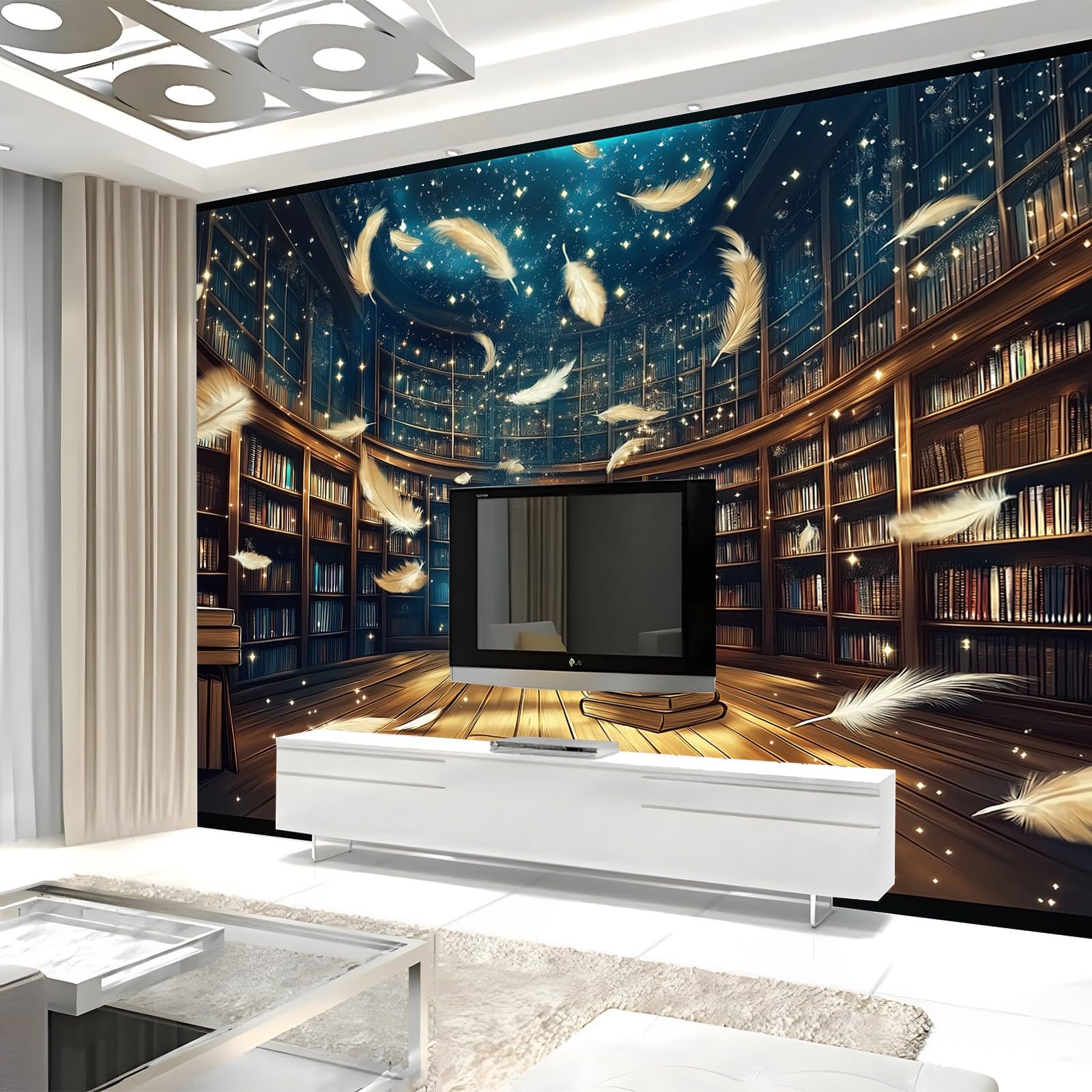 Fototapete Vlies Tapete Digitale Kunst Magische Bibliothek Bücher Federn 400 x 280 cm 3D Effekt Wandbild Vlies Wandtapete Moderne Wohnzimmer Mural Schlafzimmer Kinderzimmer TV Hintergrund Wand