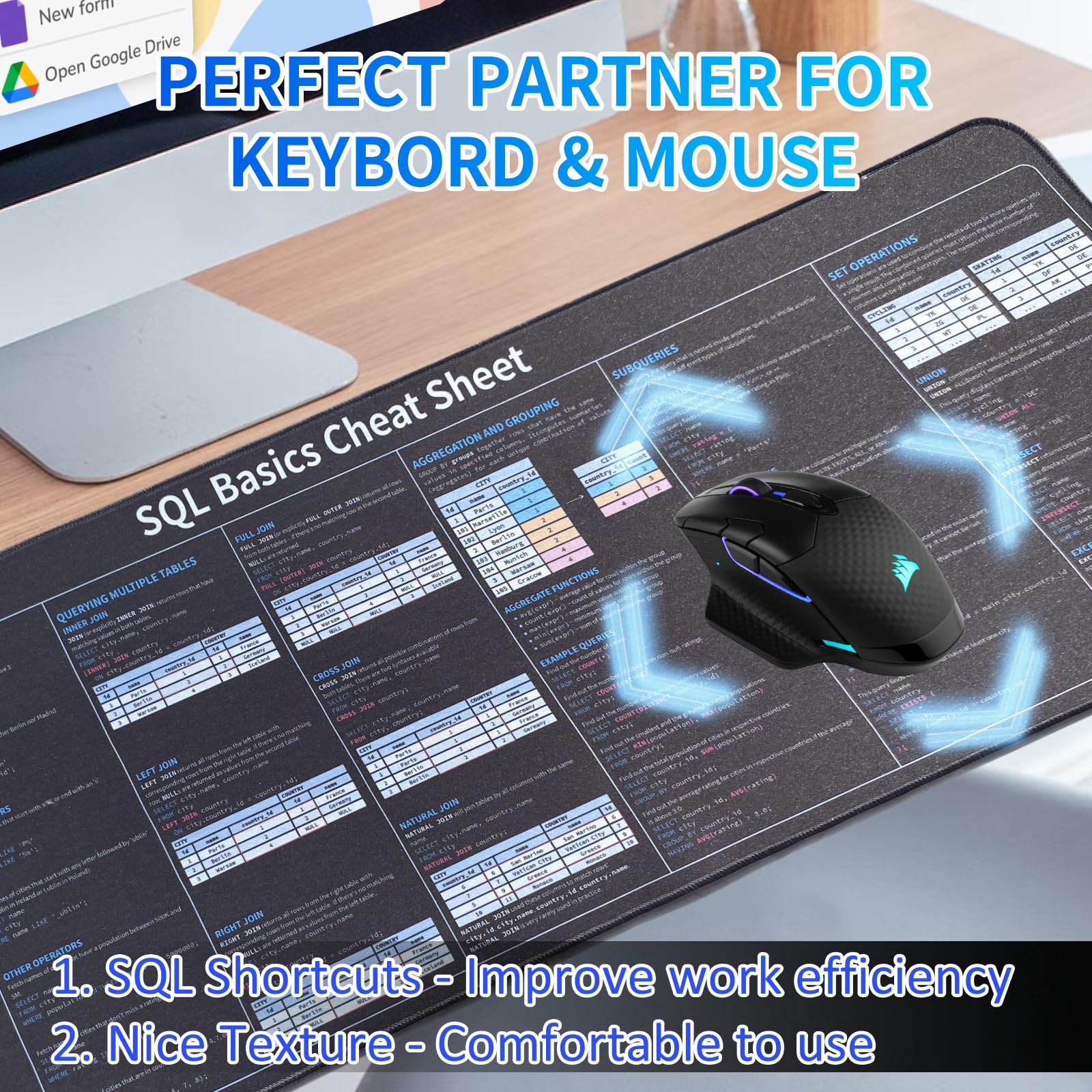 SQL Shortcuts - Alfombrilla de mouse para teclado, hoja de trucos básica SQL