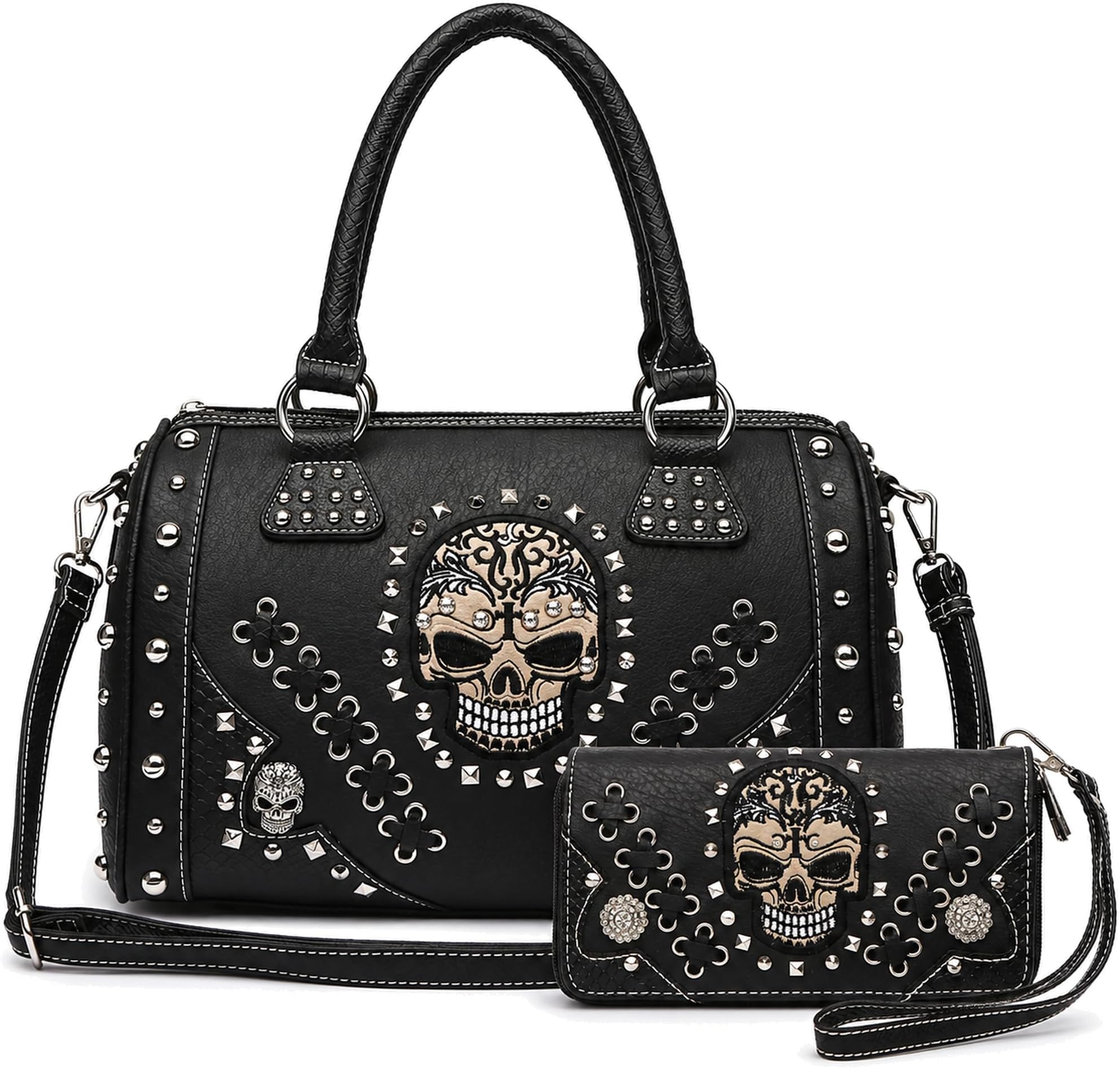 Gothic Skull Handbag and Wallet Set for Women Western Satchel Purse Bags