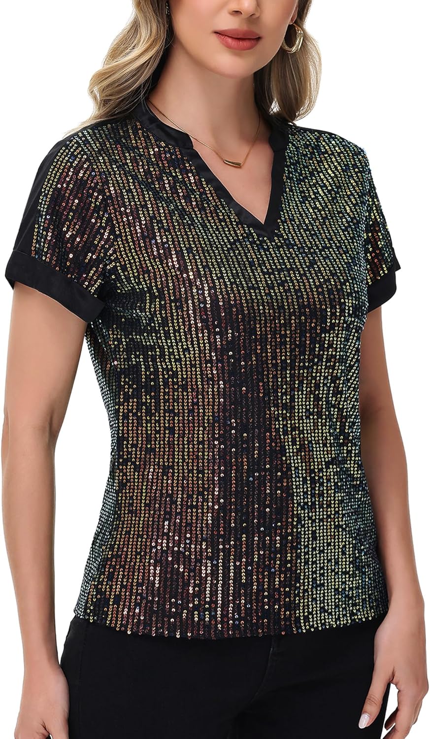 Anna-Kaci Women's Sequin Top Shirt Short Sleeve with Satin V Neckline Glitter Party Tunic Blouse - Image 2