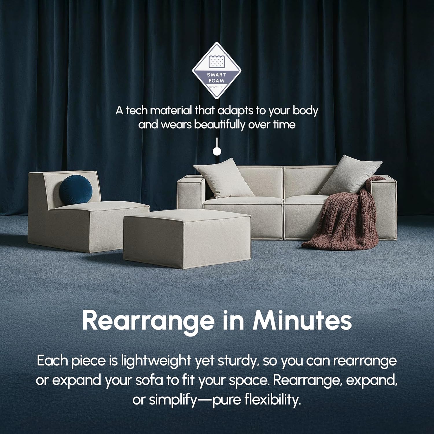 Rove Lab M1 Sectional Sofa with Ottoman – Sustainable, 3-Seat Modular Couch for Living Room – Easy One-Person Assembly, High-Density Foam, Spill-Proof Fabric (Helium Cloud) - Image 5