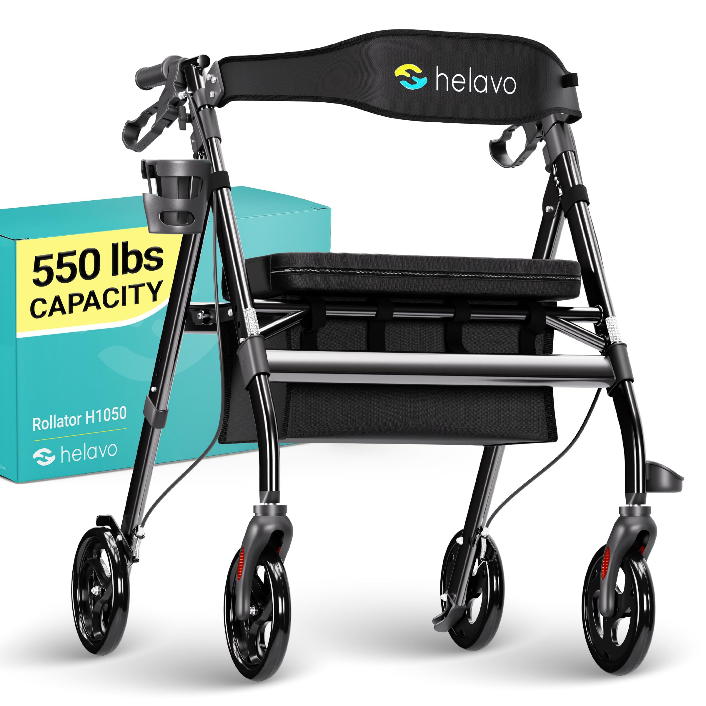 Helavo Bariatric Walker with Large, Height-Adjustable Seat, 550 lbs Weight Capacity, All Terrain 8-inch Wheels, 28-inch Wide - Extra Wide Heavy Duty Rollator for Seniors
