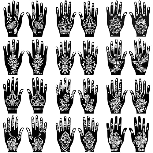 Juego de plantillas de tatuaje de henna de 24 hojas para mano, plantilla de tatuaje temporal árabe indio Mehndi