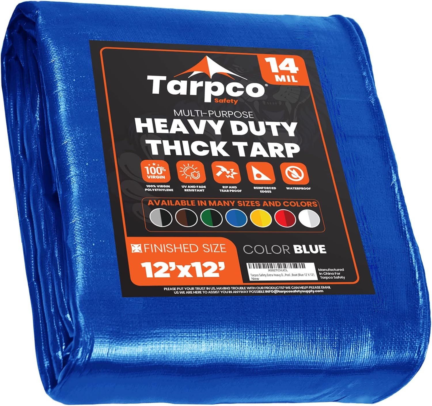 Tarpco Safety Extra Heavy Duty 14 Mil Tarp Cover, Waterproof, UV Resistant, Rip and Tear Proof, Poly Tarpaulin with Reinforced Edges for Roof, Camping, Patio, Pool, Boat (Blue 12 X 12)