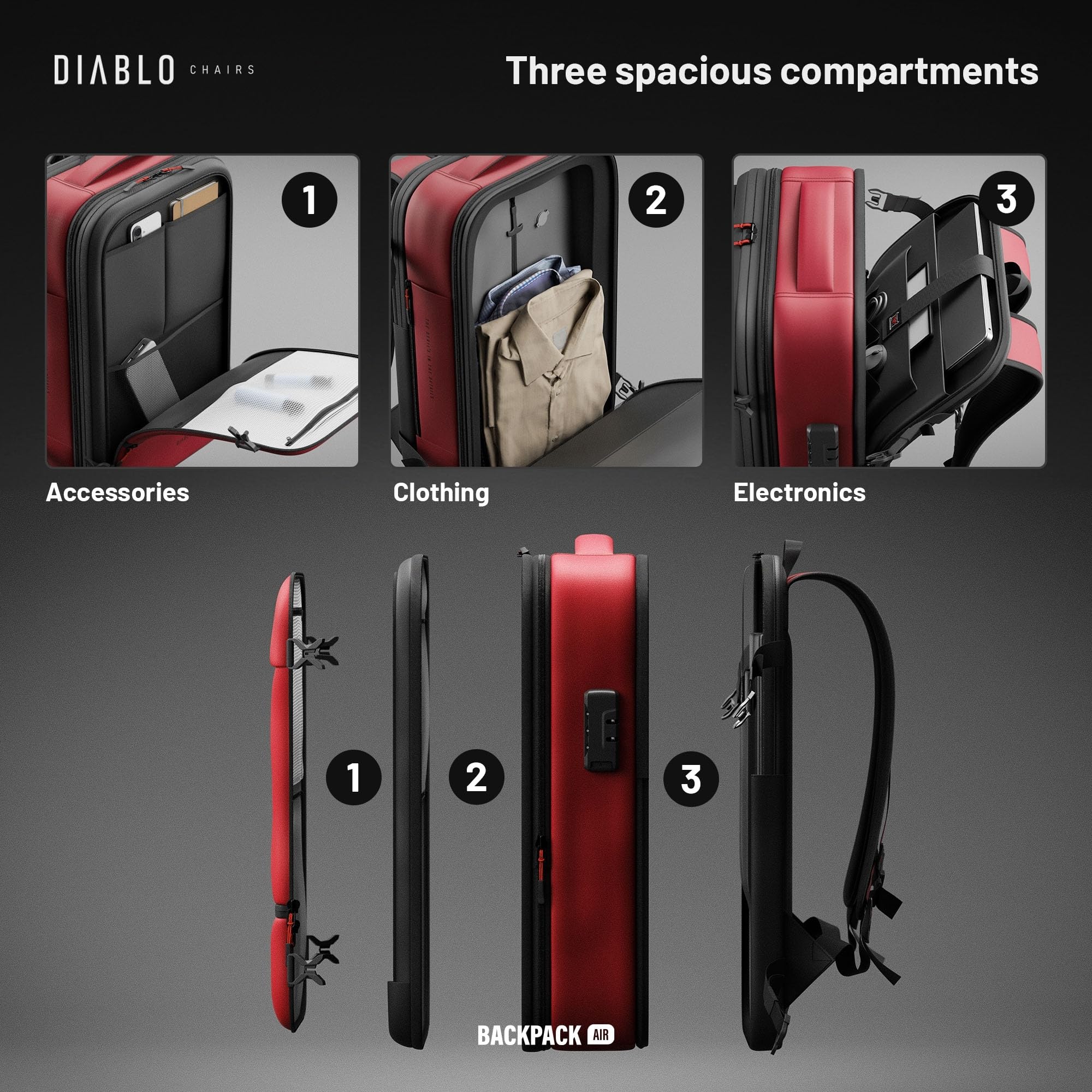 Diablo Chairs Plecak Próżniowy Backpack Air Wodoodporny Plecak Podróżny z Komorą Próżniową Rozszerzającą Pojemność Antywłamaniowy Zamek Kieszeń na Laptopa 32x52x18 cm Czerwony