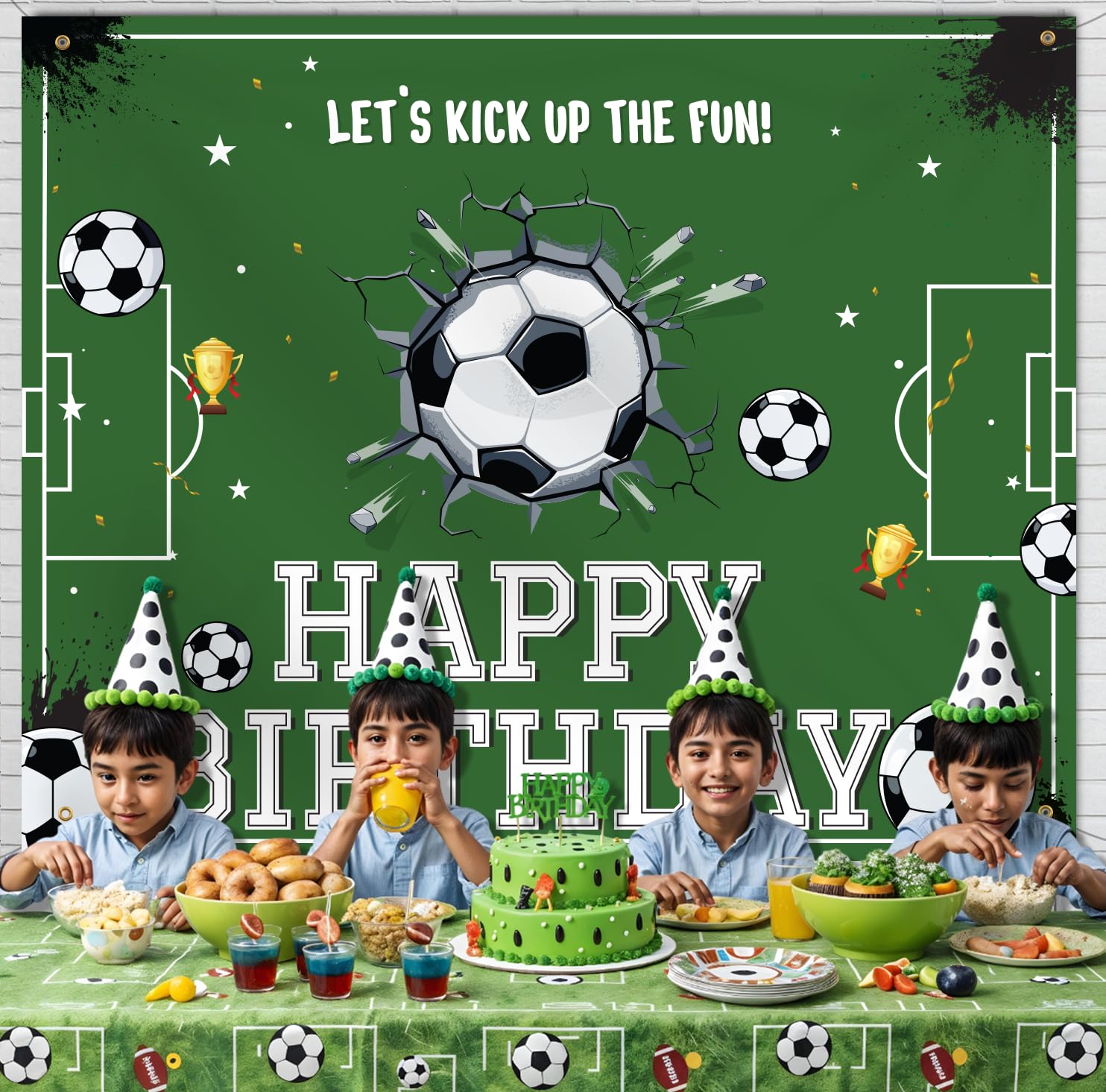 Party Propz Football Theme Birthday Decoration Backdrop (5x4 ft) 2 Pcs- Soccer Theme Happy Birthday Backdrop Banner Cloth with Ribbon, HBD Decoration for Boys 3