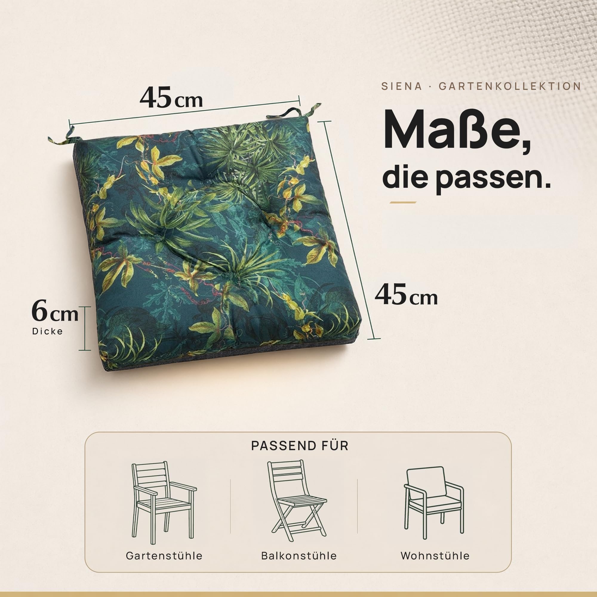 Wasserdichtes Stuhlkissen 45x45 cm – Gartenkissen für Stühle & Sessel – Dickes Sitzkissen 6 cm – Outdoor Sitzauflage für Gartenmöbel – Wetterfest & Pflegeleicht - 4er Set - Blaue Blätter