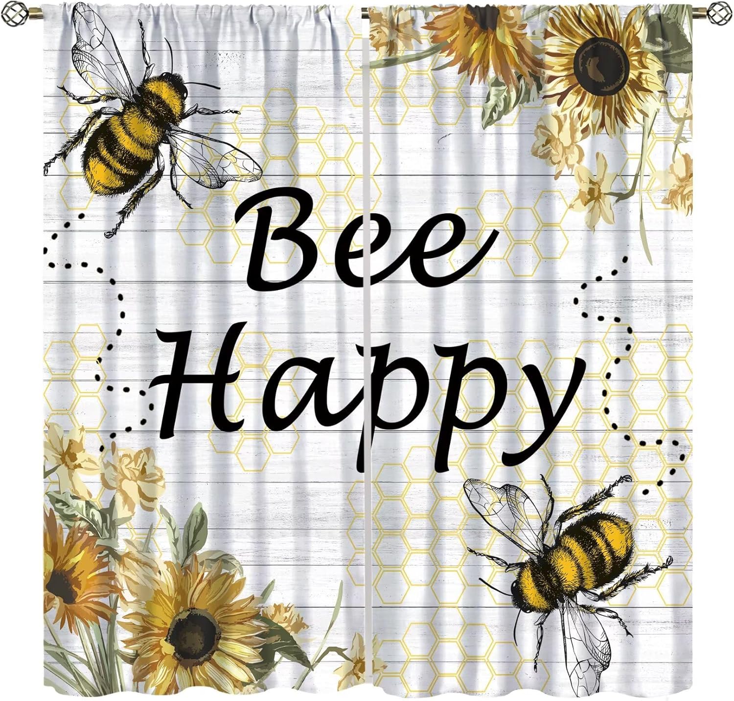 Bee Happy Curtain Honeybee Sunflower for Kids Toddler,Sunny Floral Flowers Garden Plant Chic Bee Themed Blackout Window Treatments for Bedroom Living Room 55" W X 63" L