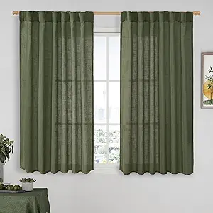 LAMIT Olive Green Light Filtering Linen Curtains 54 inches Long for Bedroom, Linen Textured Semi Sheer Back Tab and Rod Pocket Christmas Drapes for Living Room, 2 Panels, 52 x 54 Inch