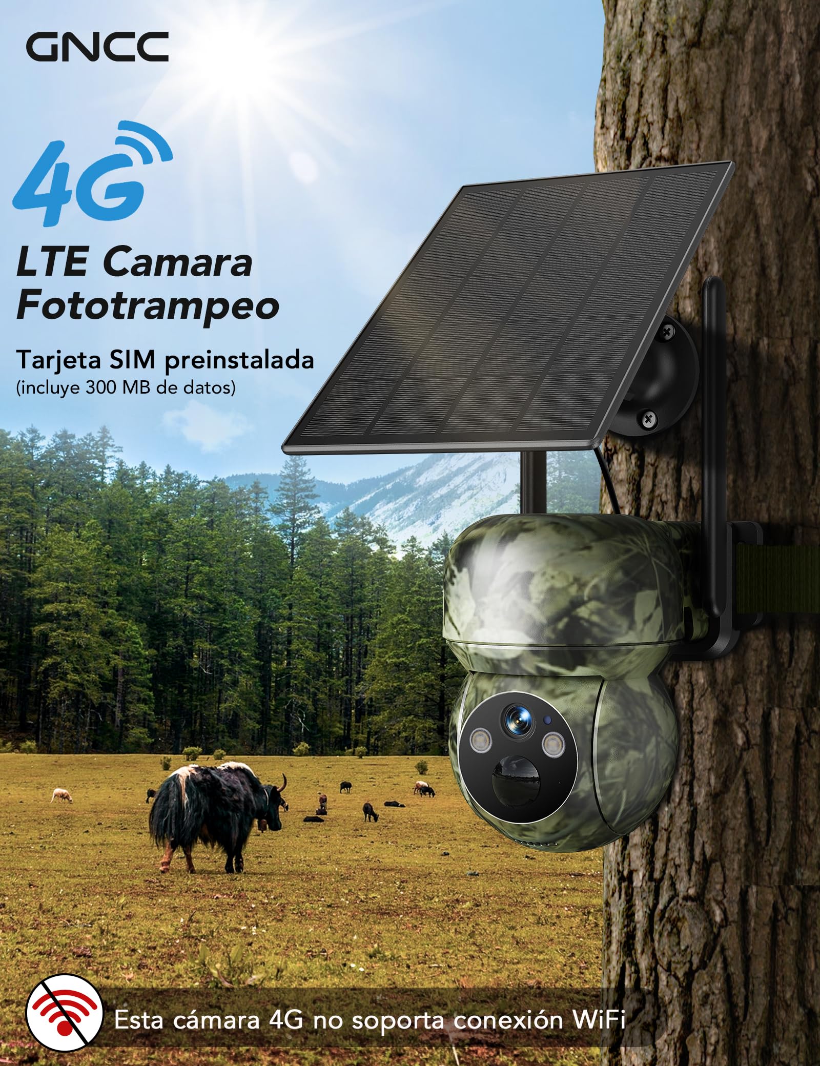 GNCC 4G LTE Camara Fototrampeo de Caza 360°PTZ, 2K Cámara Vigilancia Solar con Tarjeta SIM, Visión Nocturna en Color/Infrarrojos, Audio Bidireccional, IP65 Impermeable, para Caza y Monitoreo Remoto