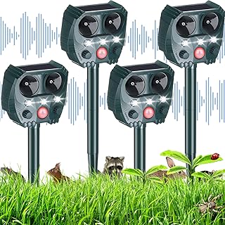 4 Packs Ultrasonic Animal Repellent Outdoor Deterrent Devices Solar Pest Repeller with PIR Motion Sensor and LED Light Rep...