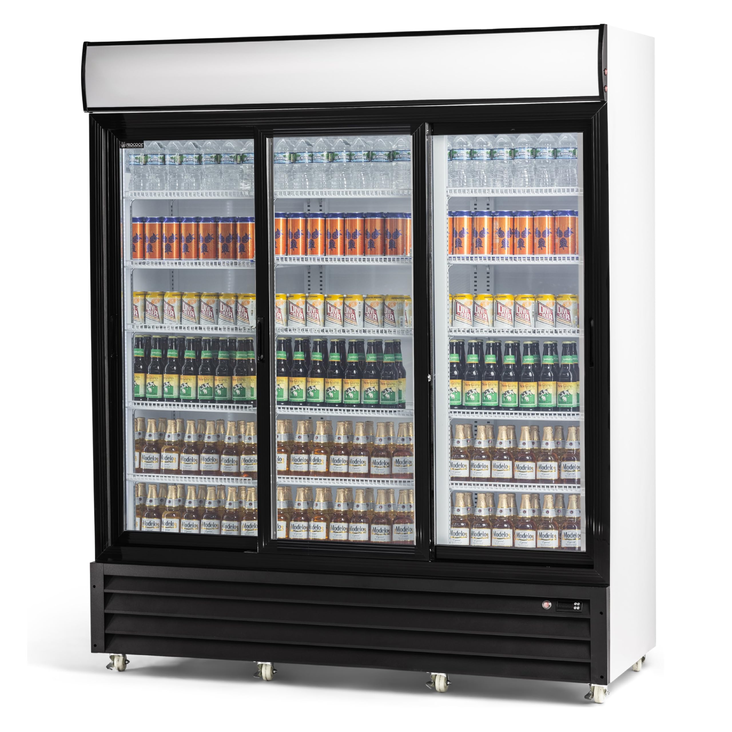 Procool White Sliding 3-Door Display Fridge, 53 CuFt, Customizable Sign