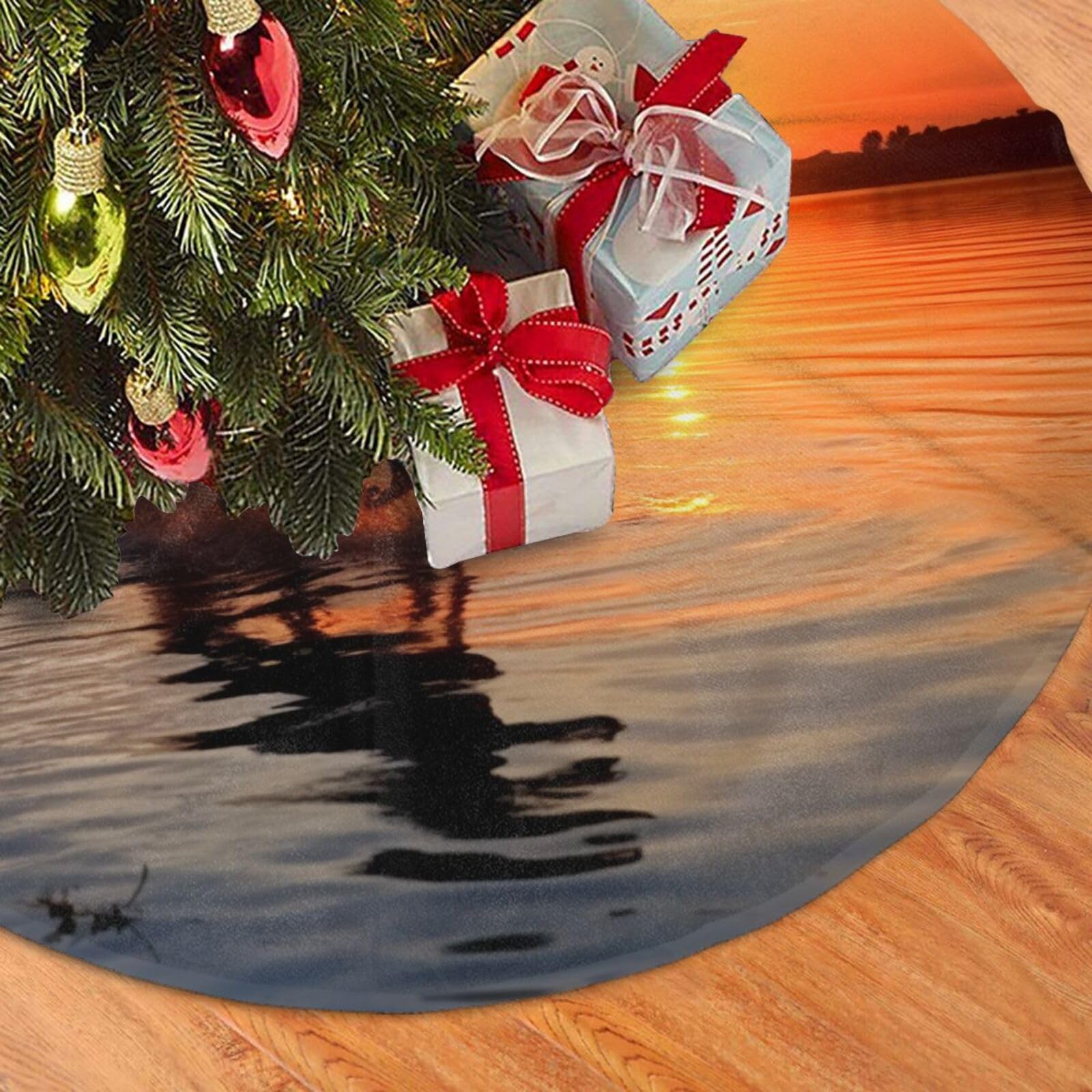 Fodpand Black Sunsets Lake Horses Christmas Tree Skirt 48" Velvet Xmas Tree Skirt Mat Rustic Christmas Tree Mat Cover Winter Xmas Tree Collar For Indoor Outdoor Christmas Decorations